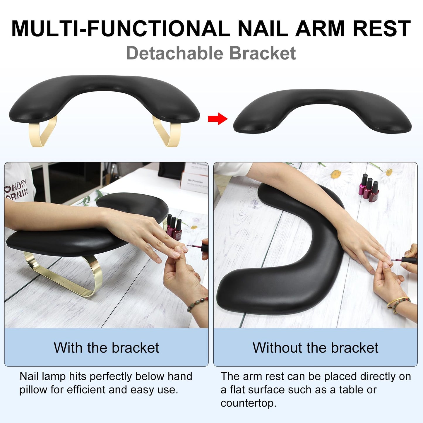 Arm Rest for Nails Tech,Comfortable Leather U Shaped Manicure Hand Rest Pillow Cushion,Ergonomic Slope Nail Arm Rest Stand for Nails Salon,Detachable Bracket,Easy to Clean(Black）
