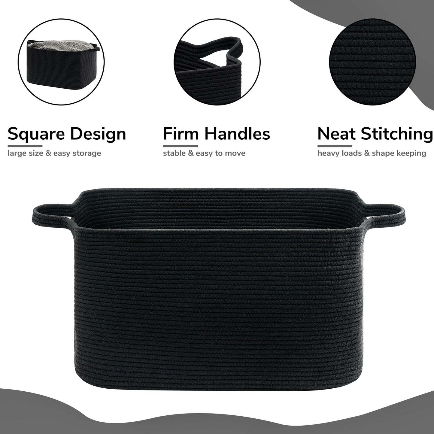 Goodpick Large Laundry Basket, Blanket Basket Living Room, Storage Baskets for Toys, Towels, Rectangle Rope Toy Storage Baskets for Baby, Kids, 21.6" x 14.9" x 11.8", Black