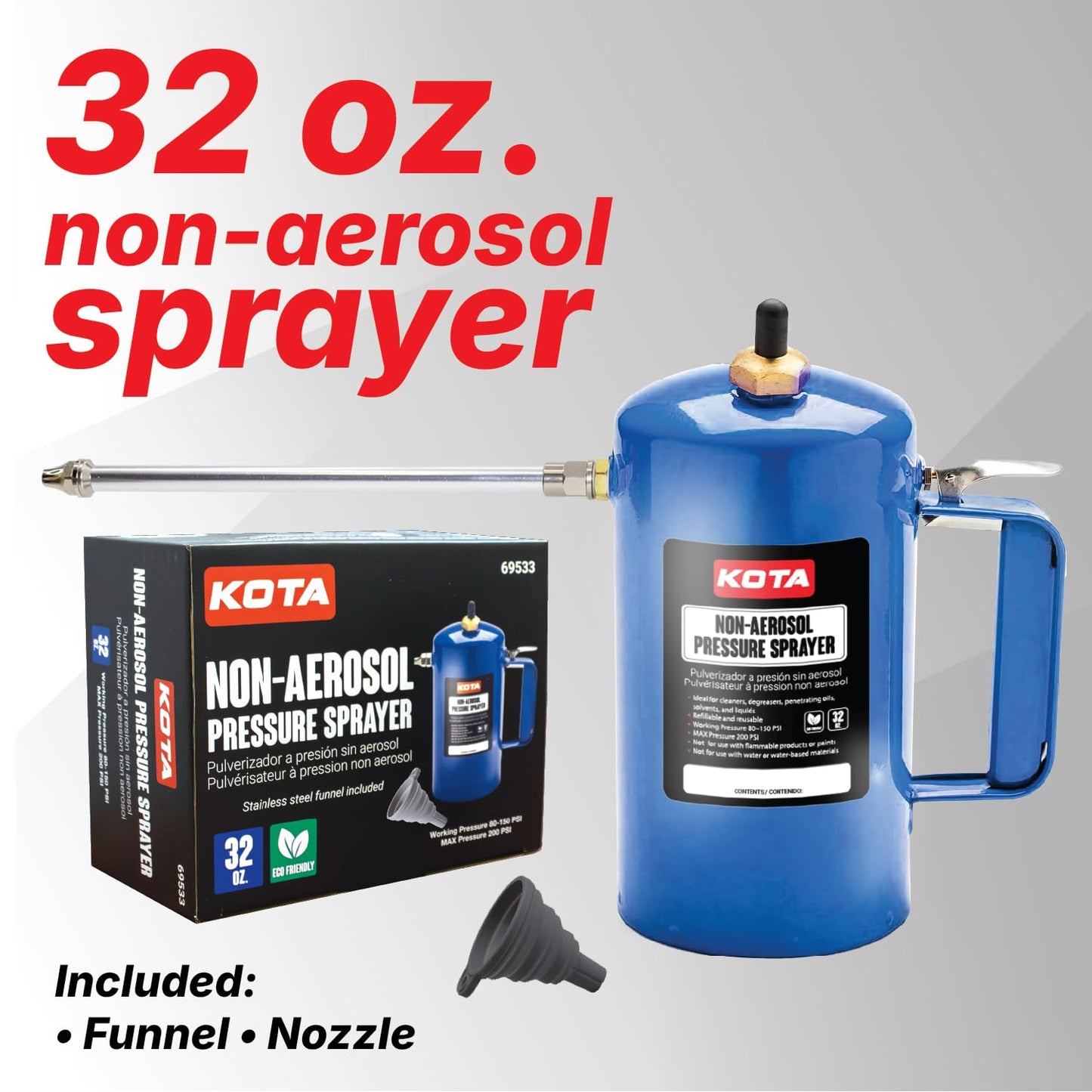 LAUCO Non Aerosol Pressure Sprayer - Refillable Pressurized Sprayer Bottle for Oil, Solvent, Degreasers, Lubricants - Rechargeable Steel Canister with Brass Nozzles, 32oz. (1, Blue)