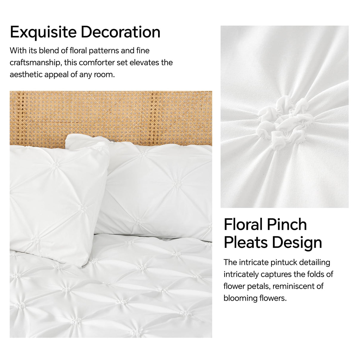 BEDELITE Queen Comforter Set White - 3 Pieces Boho Pintuck Bedding Sets, Queen Size Bed Set with 2 Pillow Shams for All Seasons, Room Decor Valentine's Gift,Lightweight Soft and Warm