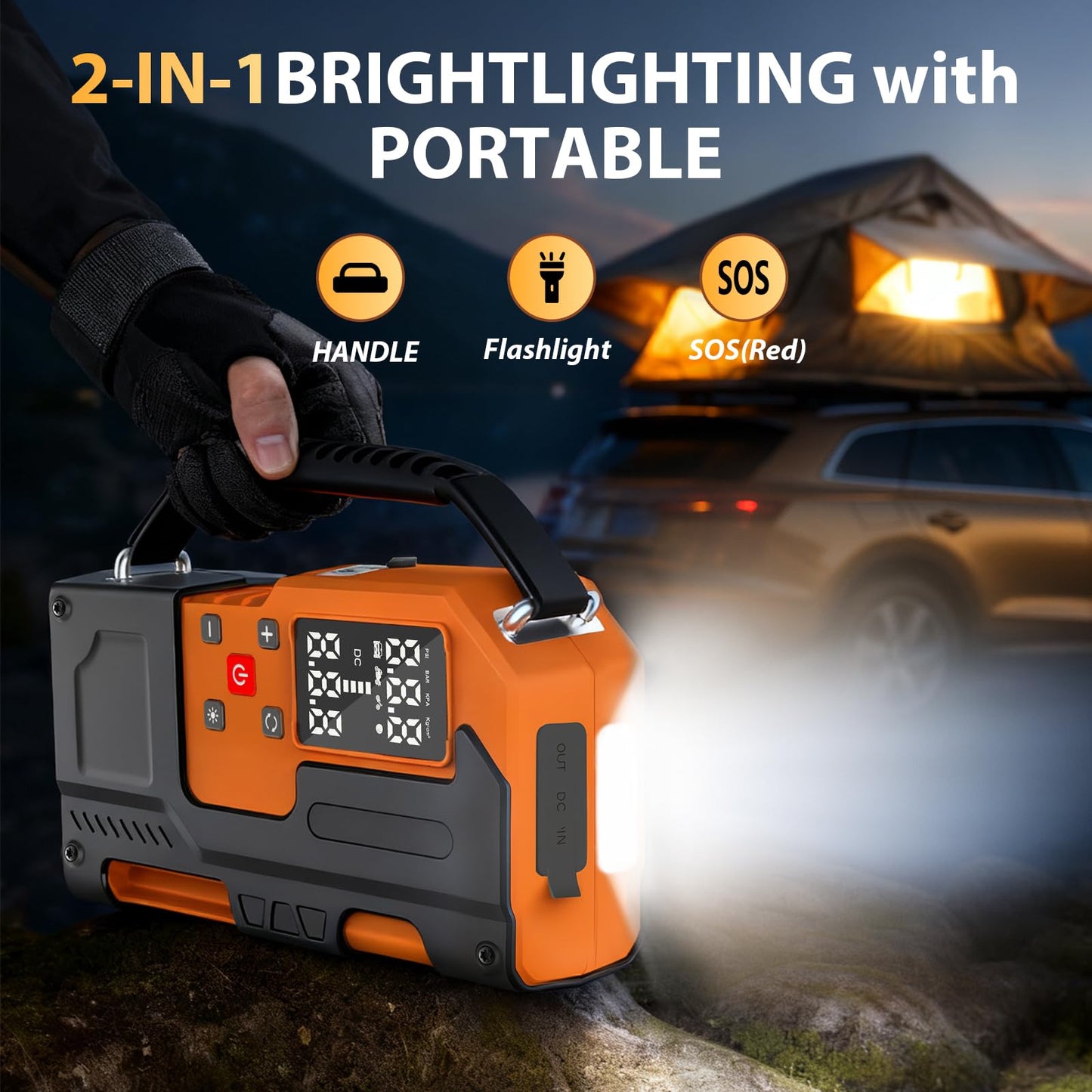 Jump Starter with Air Compressor 2000A, 10000mAh&150PSI Car Battery Jumper Starter Portable, 12V Battery Pack Jump Box (9L Gas/7L Diesel Engine) with Boost, Light and Jumper Cables(Orange)