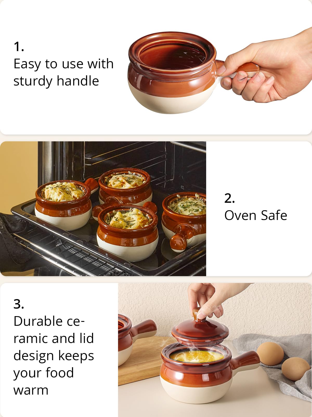 LIFVER French Onion Soup Bowls With Lids - 18 OZ Ceramic Crocks With Handles for Cereal, Chilli, Beef Stew - Oven & Dishwasher Safe, Set of 4