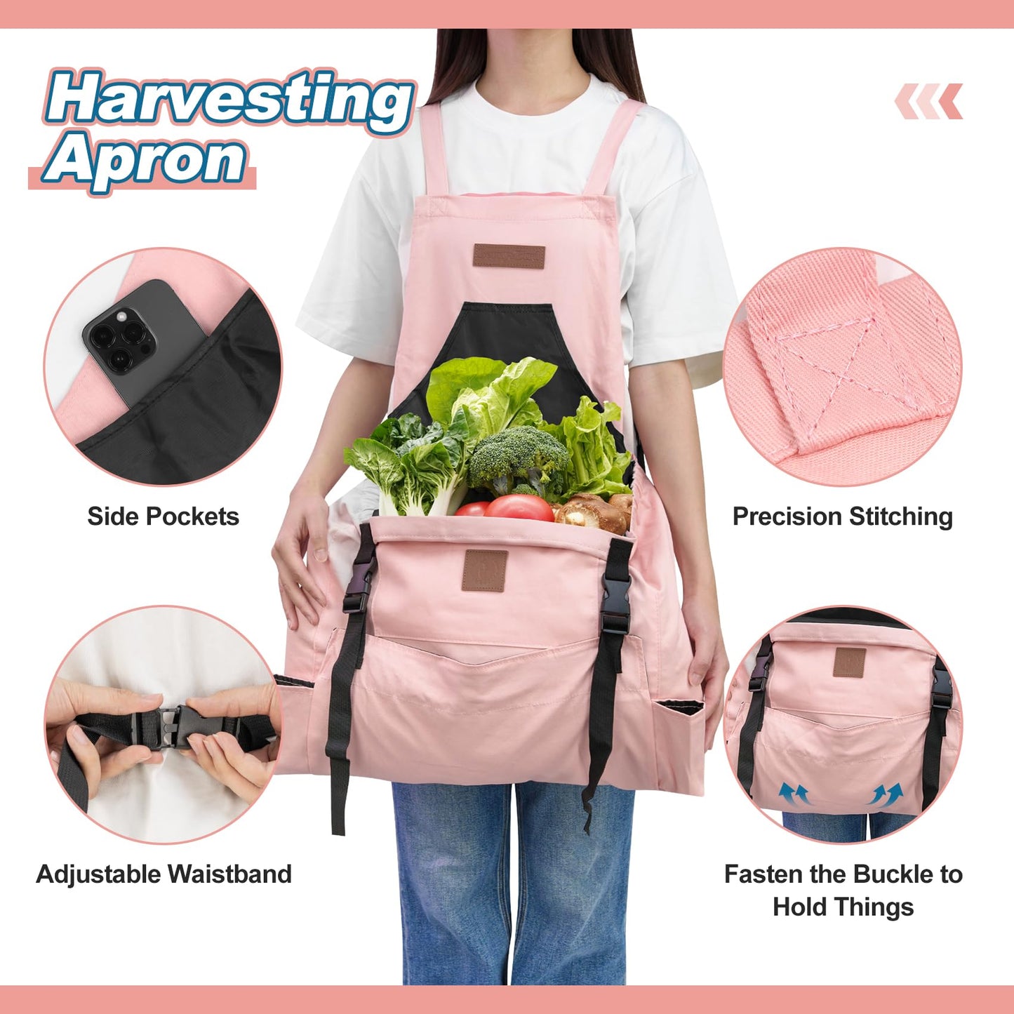 Berry&Bird Harvest Apron, Canvas Gardening Apron with Pockets and Harvesting Pouch Waterproof Harvesting Apron（Pink)