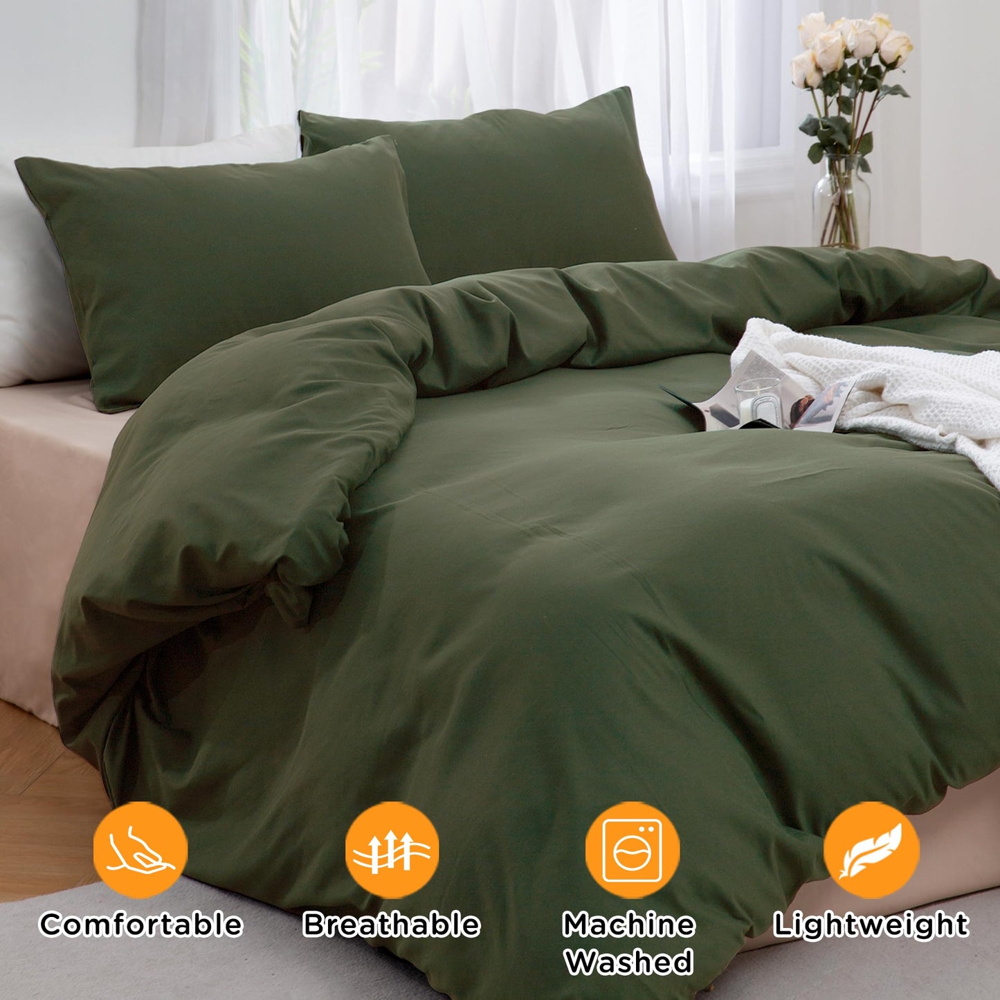 TOCOMOA Duvet Cover Queen, 100% Microfiber Comforter Cover Set, Ultra Soft 3 Pieces Bedding Set with 1 Duvet Cover and 2 Pillowcases (Green, Queen)