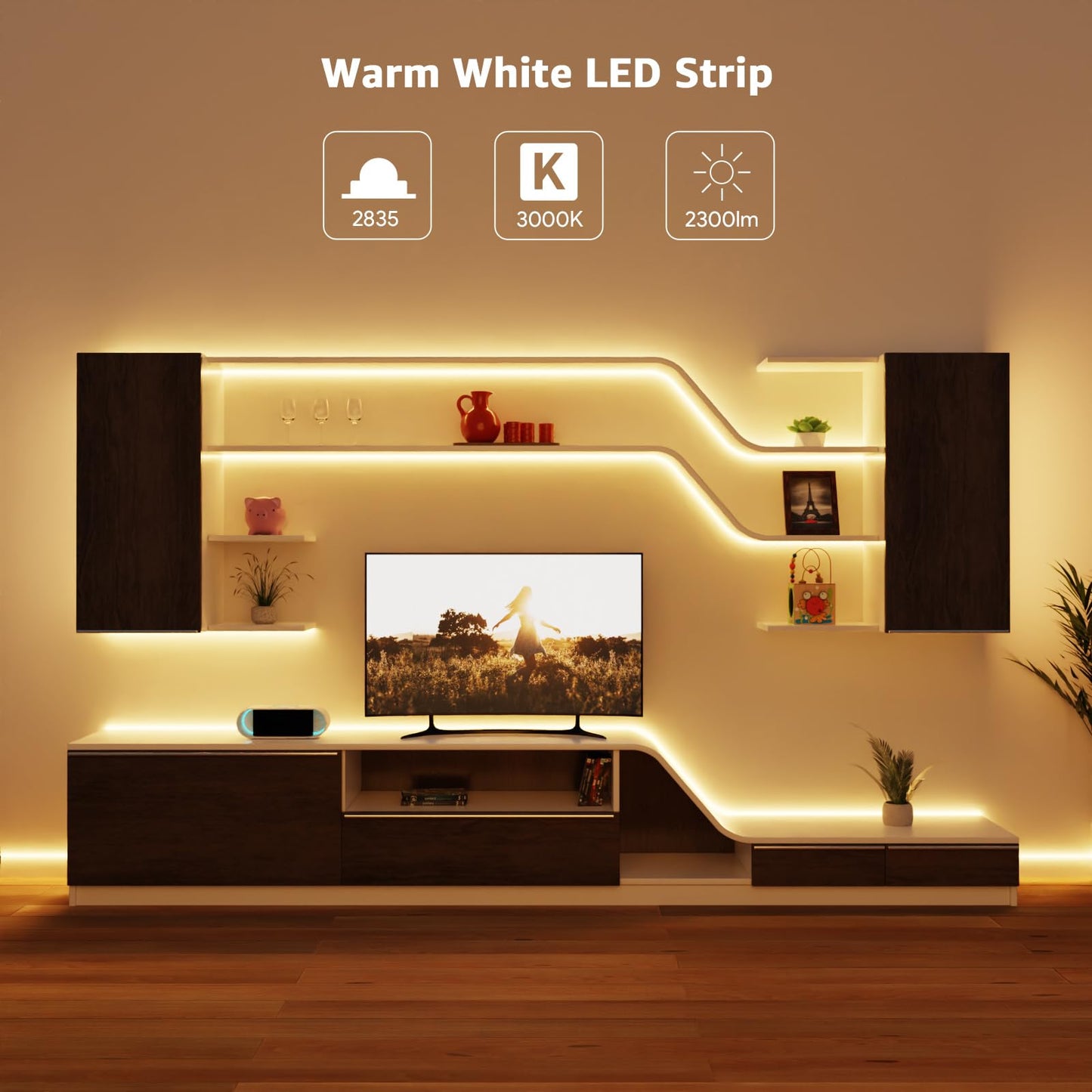 Lepro LED Strip Lights, 32.8ft 24V Dimmable and Flexible Strip Lights, 3000K Warm White, 600 Units 2835SMD Tape Light for Home, Kitchen, Bedroom, Car and More, Non Waterproof, Power Adapter Included