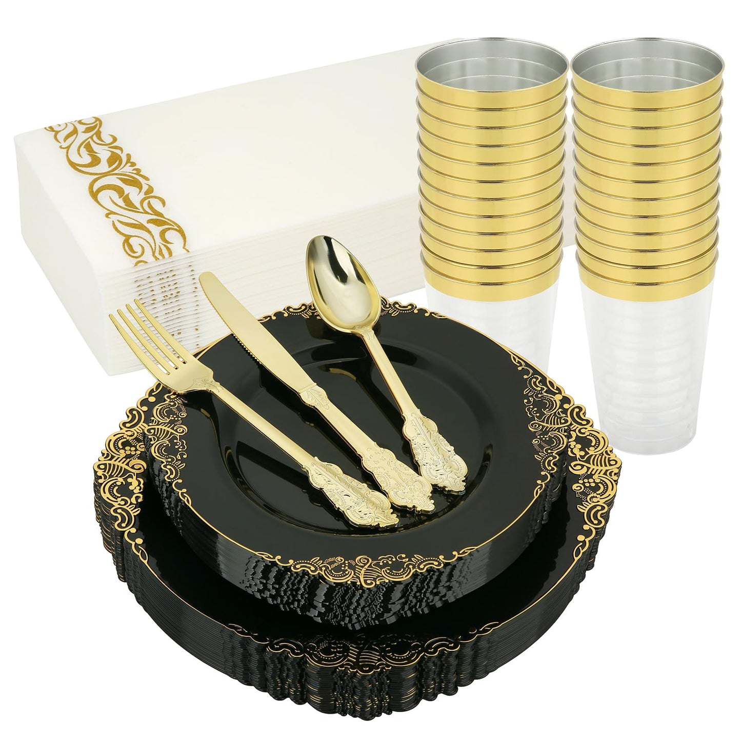 175PCS Black Plastic Plates Gold and Black Plates Heavy Duty Gold Plastic Dinnerware for 25 Guests with Gold Silverware Cups, Napkins for Parties & Birthday