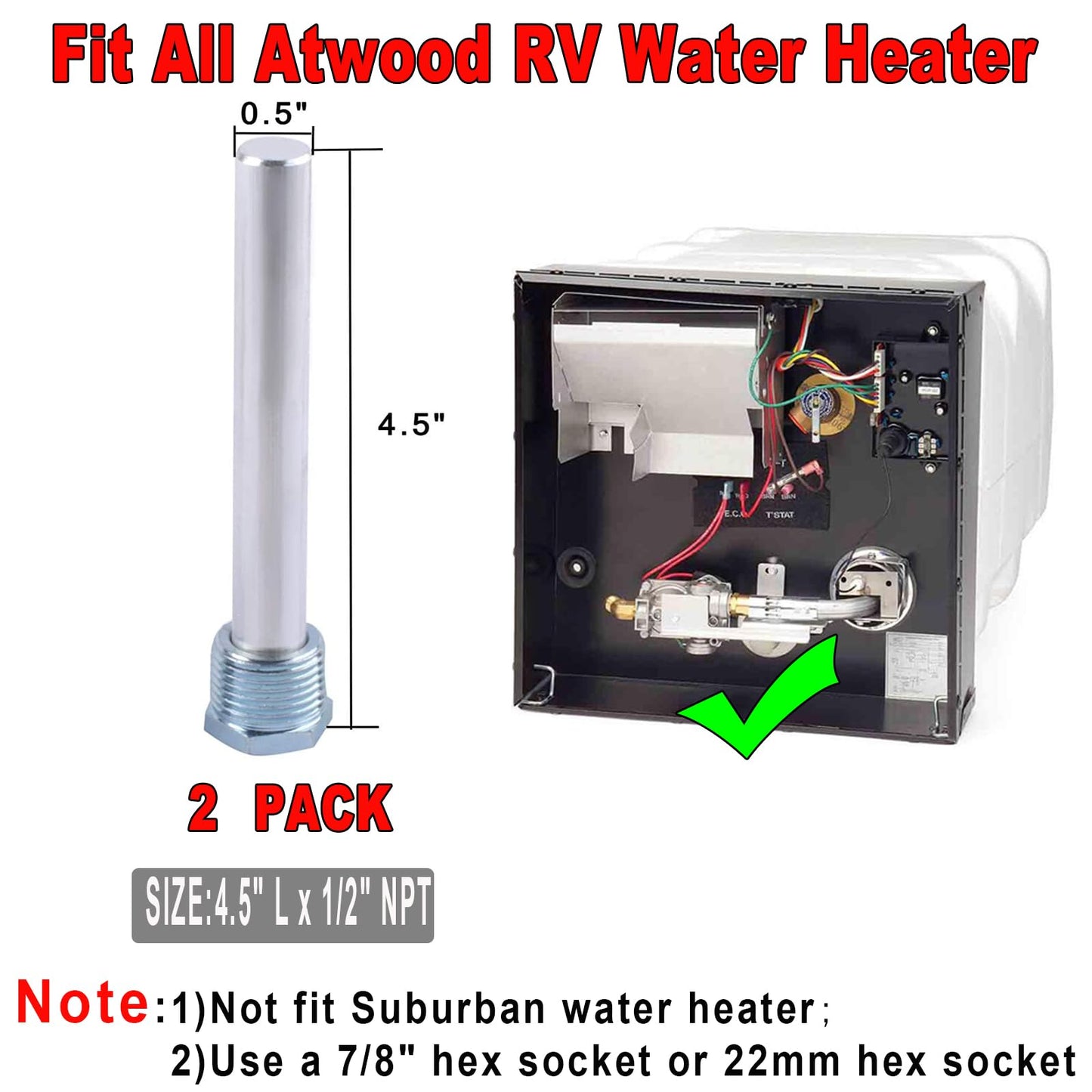 RV Water Heater Anode Rod & RV Water Heater Tank Rinser - 4.5" L x 1/2" NPT Thread Magnesium Rod and Water Heater Flush Wand, Replacement Part Compatible with Atwood Water Heater 11553