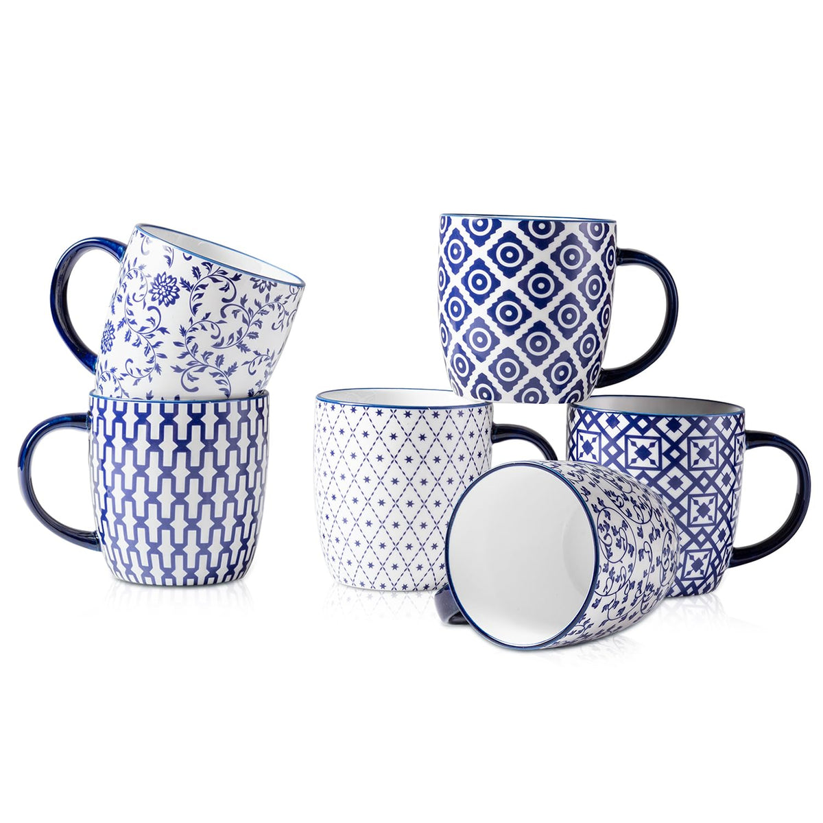 Cerkik Ceramic Coffee Mugs Set - 10 Oz Large Porcelain Tea Cups with Handle for Cappuccino Latte Cocoa Milk - Christmas Housewarming Gift - Microwave Dishwasher Safe - Set of 6 - Vintage Blue