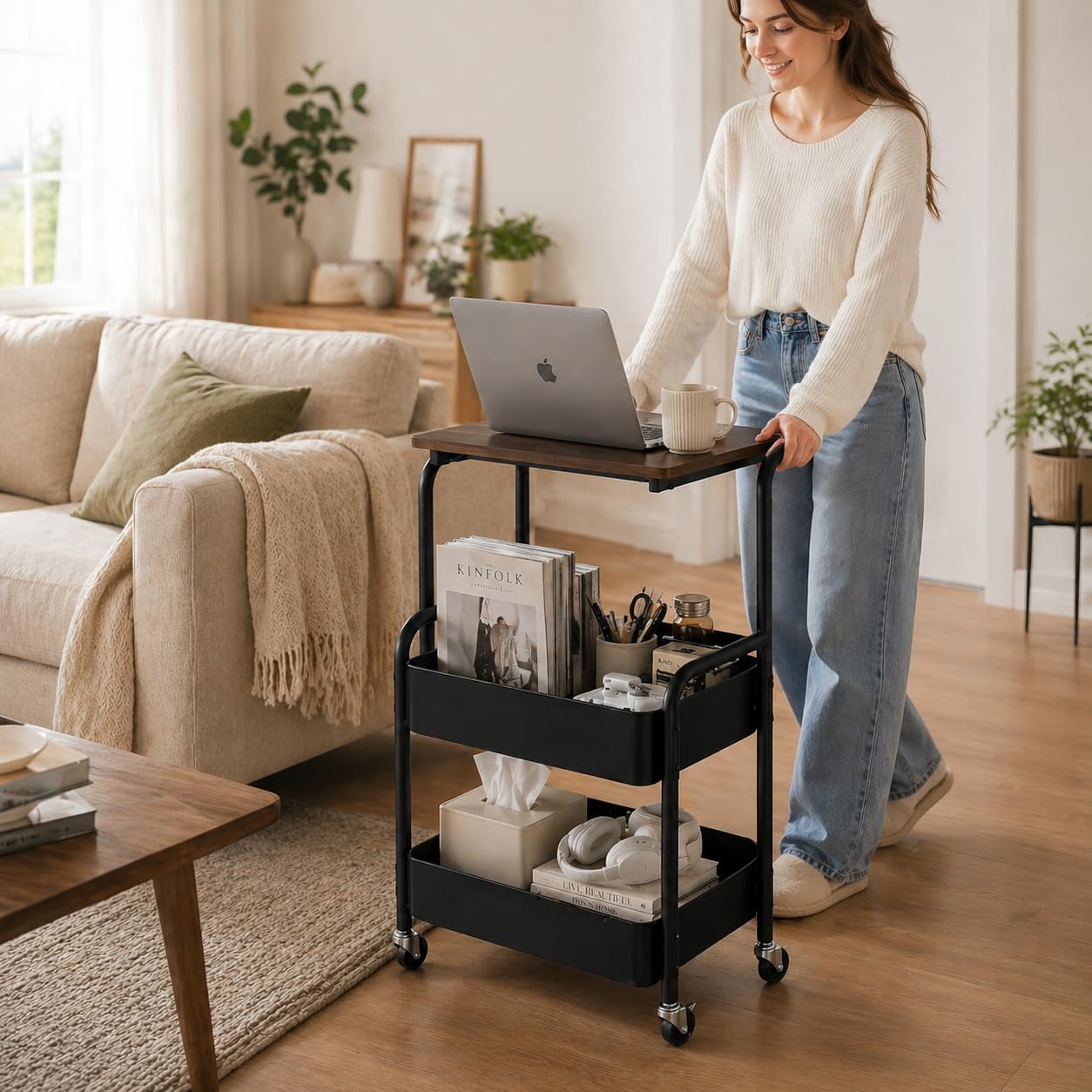 Y YOMA 3 Tier Rolling Utility Cart with Table Top, Metal Storage Organizer with Wheels for Small Space, Office, Kitchen, Bathroom, Dorm, Coffee Station - Black