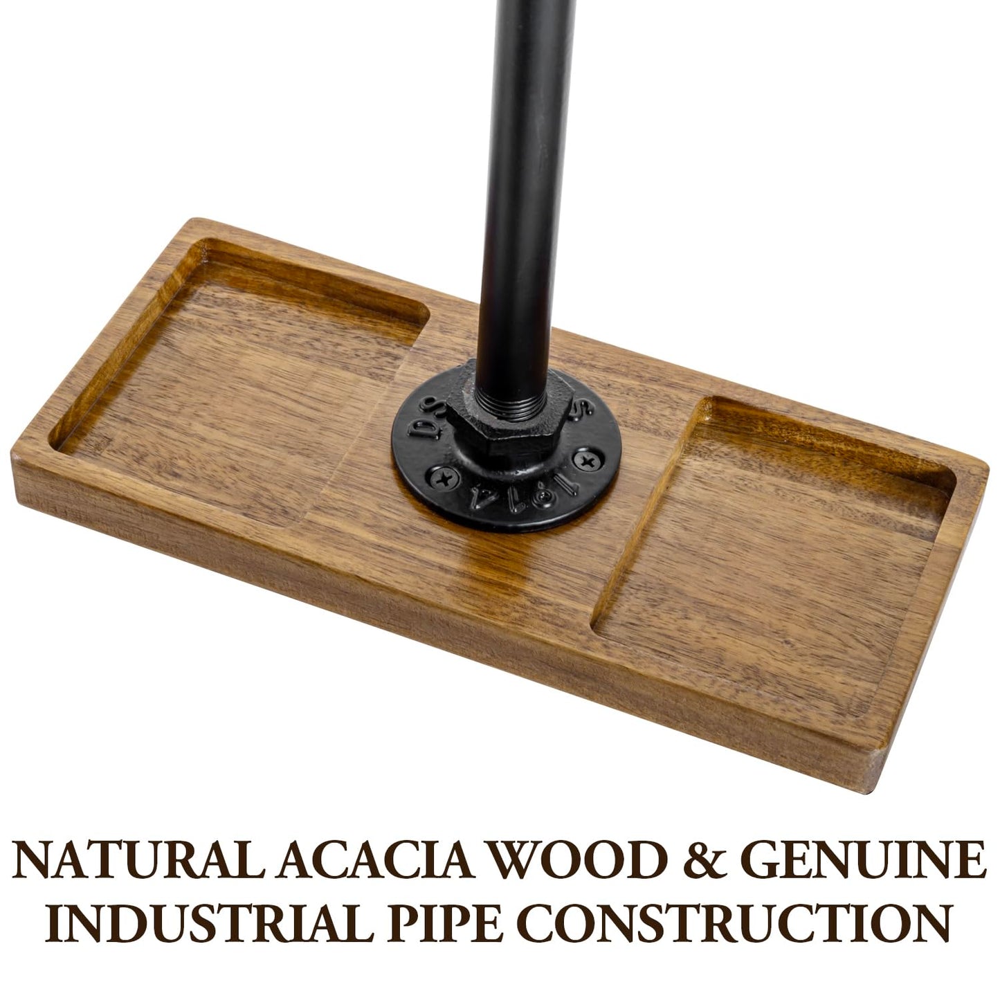 MyGift Premium Acacia Solid Wood and Industrial Black Metal Pipe T-Bar Over Ear Headphones Holder, Tabletop Dual Headphone Display Stand with Accessories Tray