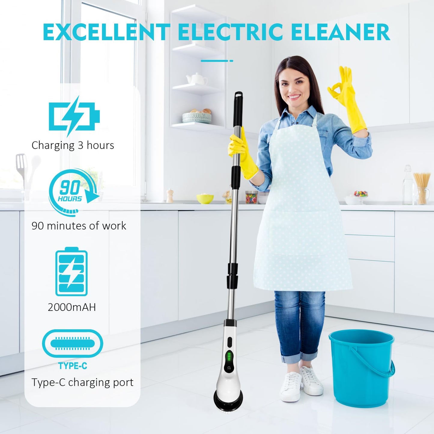 Electric Spin Scrubber, Electric Cleaning Brush Comes with 9 Different Replacement Heads and Removable Telescopic Pole,Electric Bathroom Scrubber for Floor, Tile, Kitchen, Tub, Car.
