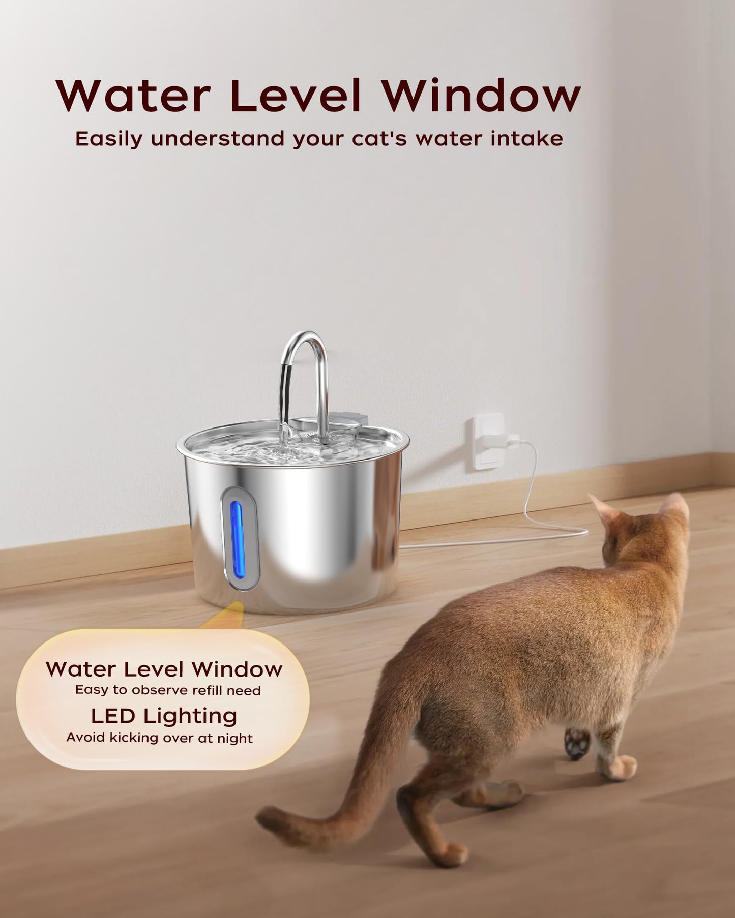 Cat Water Fountain,Stainless Steel Pet Water Dispenser 74oz/2.2L Automatic Cat Fountian,Indoor Quiet Pump Pet Water Fountian,Includes 8 Filters and 8 Sponges