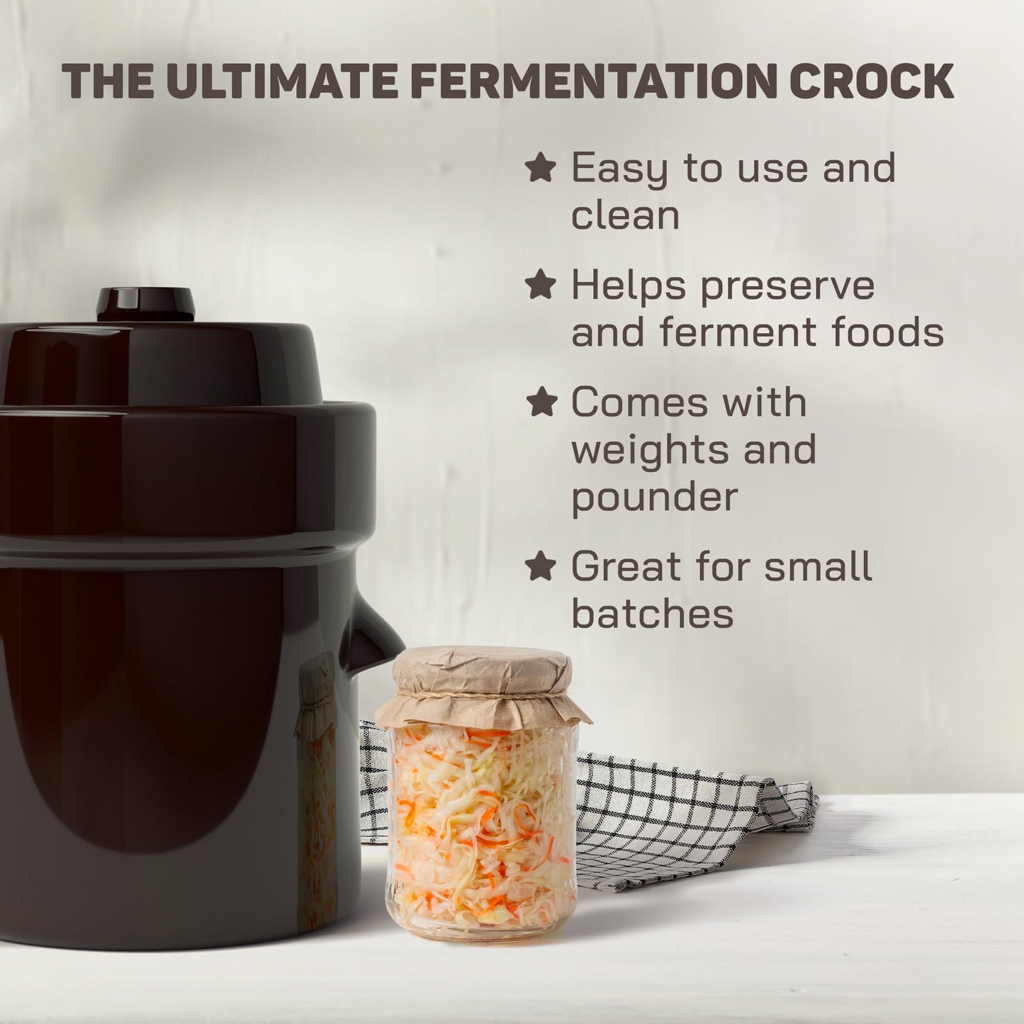 Fermentation Crock 2 Litre - Sauerkraut Crock with Lid, Weights & Pounder - Ceramic Fermenting Crock Kit for Pickling Cabbage Kimchi Vegetables - 2-Litre Fermentation Jar - Stoneware Pickle Pot