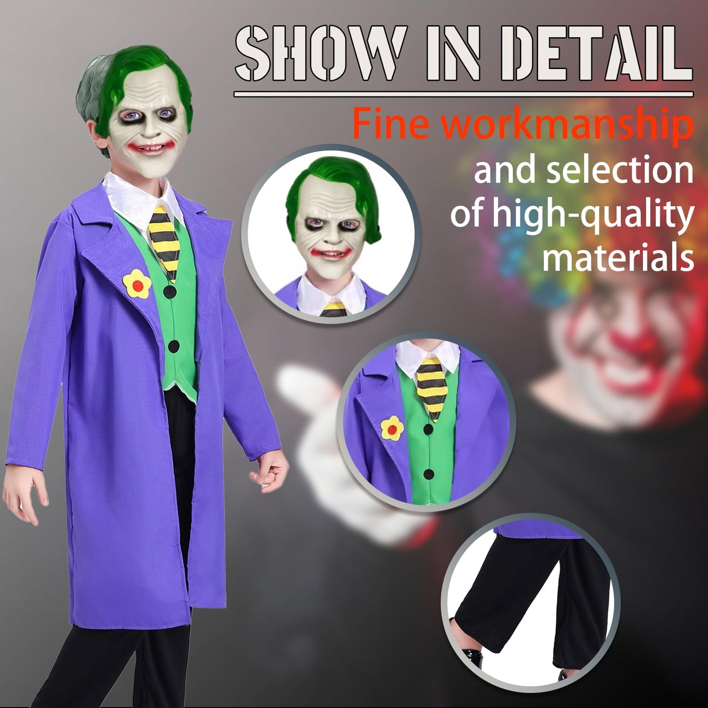 Puppyhao 4Pcs Killer Clown Costume Kids Boys Anime Knigh Costume Coat Clown Mask Vest Pants Funny Halloween Cosplay Outfiits