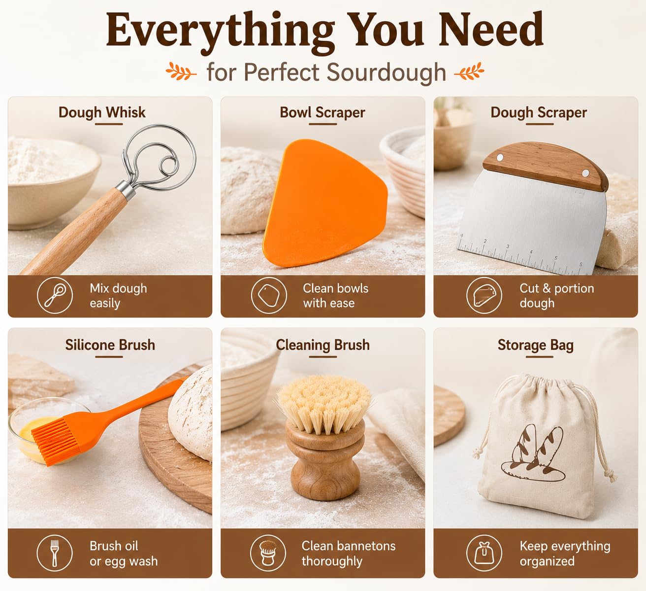 Sourdough Bread Starter Kit, 15-Piece Banneton Proofing Basket Set with Round & Oval Bread Baskets, 600ml Starter Jar, Dough Whisk, Bread Lame, Silicone Mat, Stencils and Bread Bags for Beginners