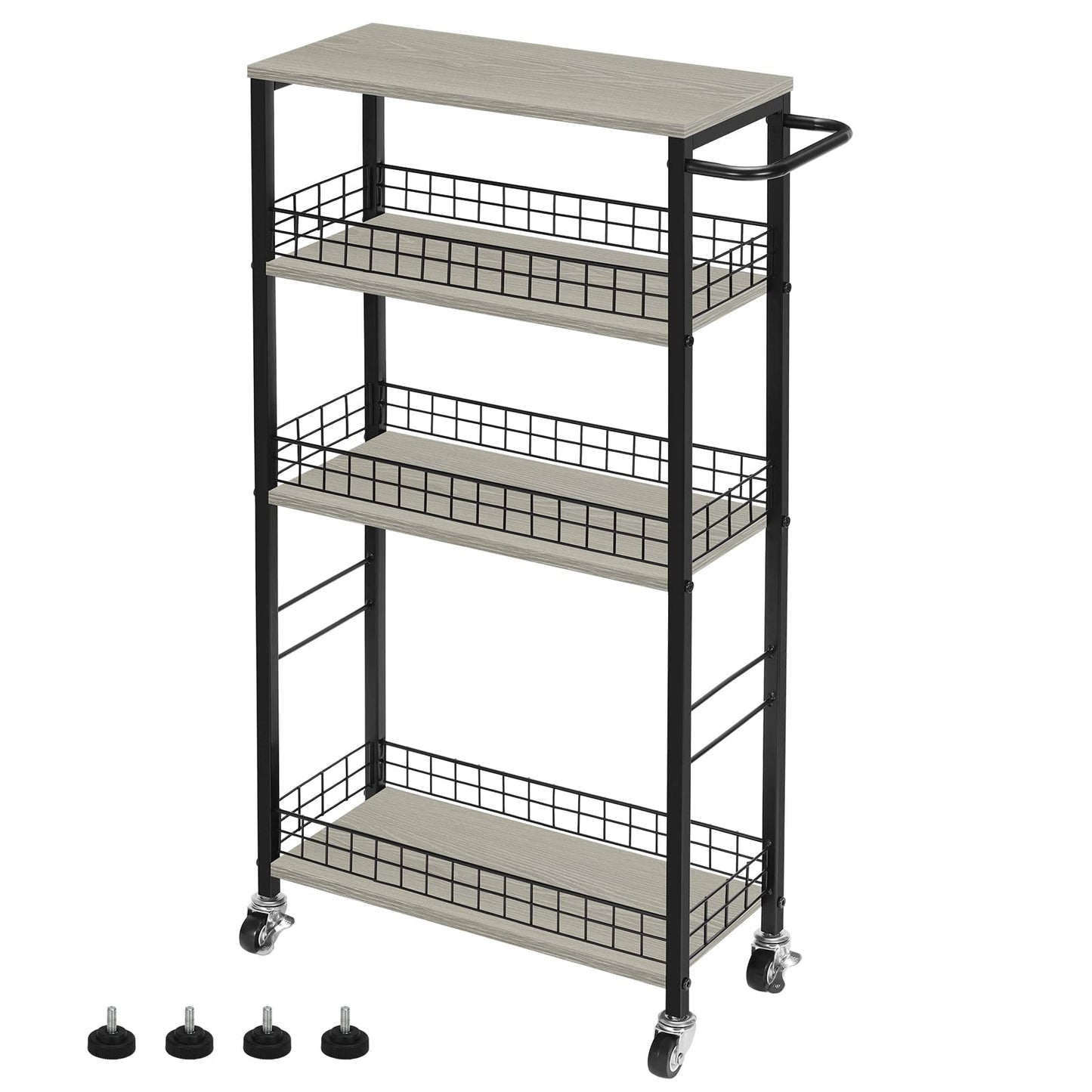YBING Slim Storage Cart 4 Tier Narrow Rolling Cart on Wheels Mobile Kitchen Narrow Cart with Wooden Tabletop Grey Slim Utility Kitchen Storage Cart with Handle for Living Room 7.3''Wide