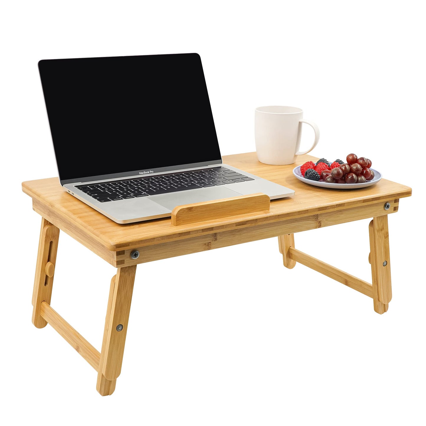 Utoplike Bamboo Laptop Desk for Bed, Tilting Top Bed Serving Tray, Breakfast Table Ajustable Height, Fodable Legs, Storage Drawer, Lap Stand for Reading, Writing, Eating