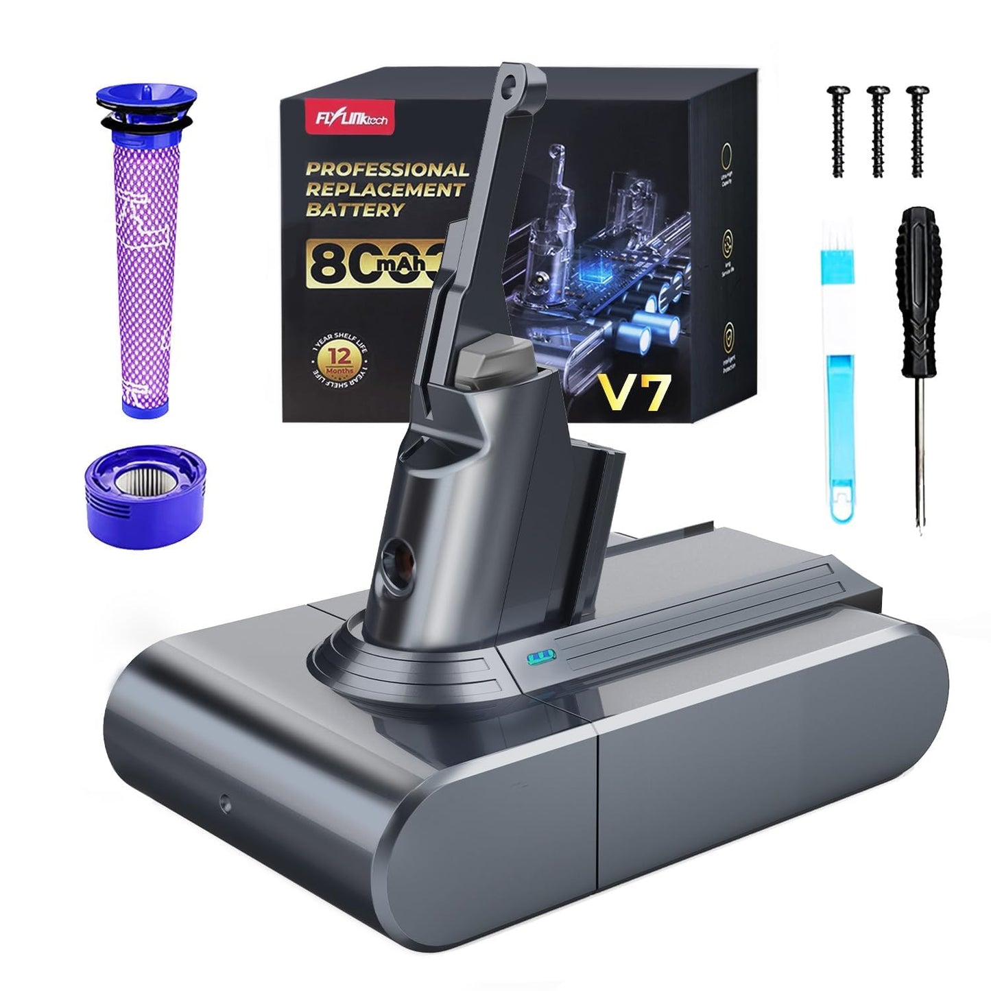 8000mAh V7 Battery Replacement for V7 SV11 Series V7 Animal/Motorhead Pro/Trigger/Fluffy/Mattress/Absolute Vacuum Cleaner with 2 Filtres+ Brush+Screwdriver Battery Accessories Parts
