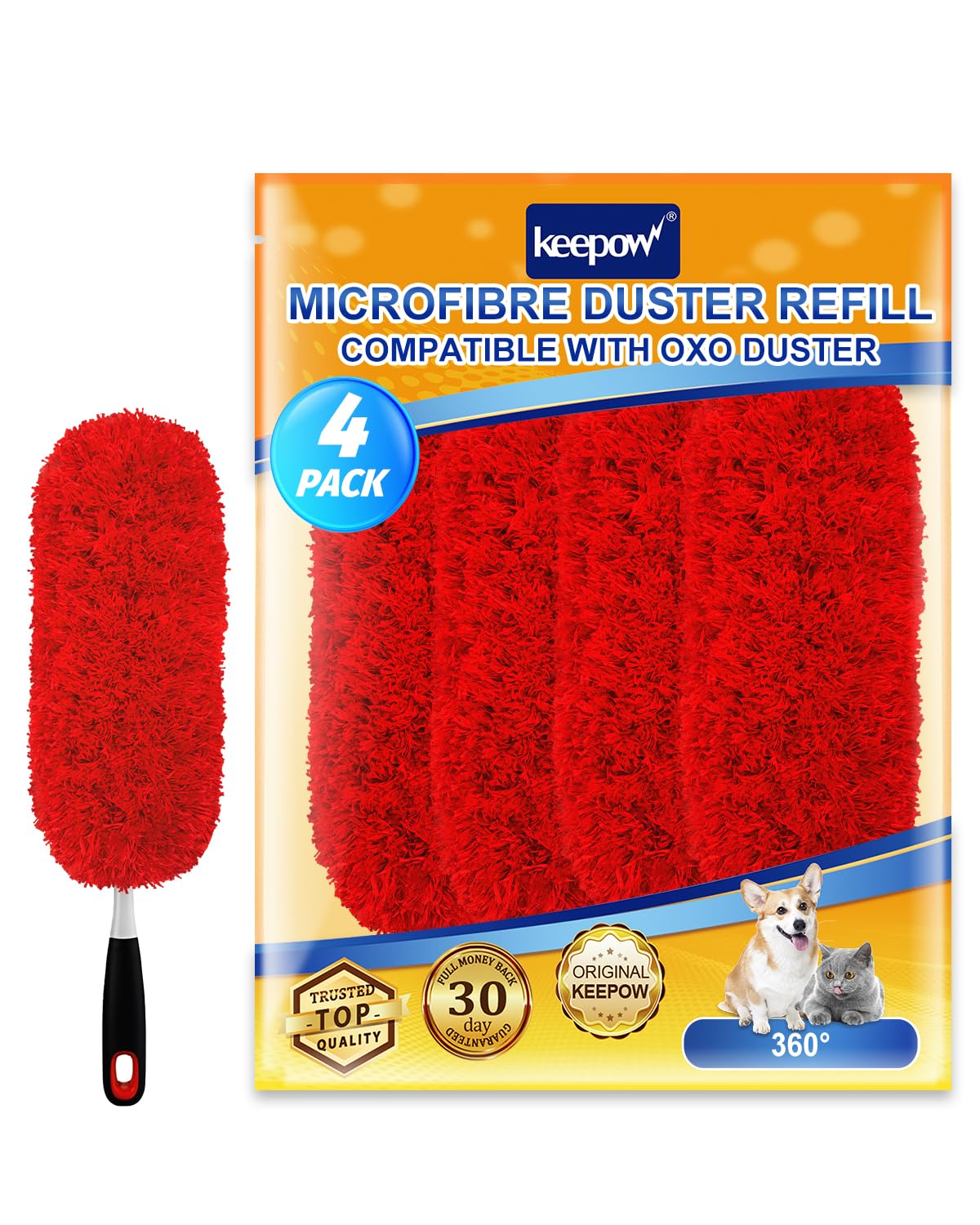 KEEPOW 4 Pack Microfiber Heavy Duty Reusable Duster Refills Compatible with OXO Duster, Microfiber Dusters for Cleaning Compatible with OXO Microfiber Duster for Ceiling(Handle is Not Included)