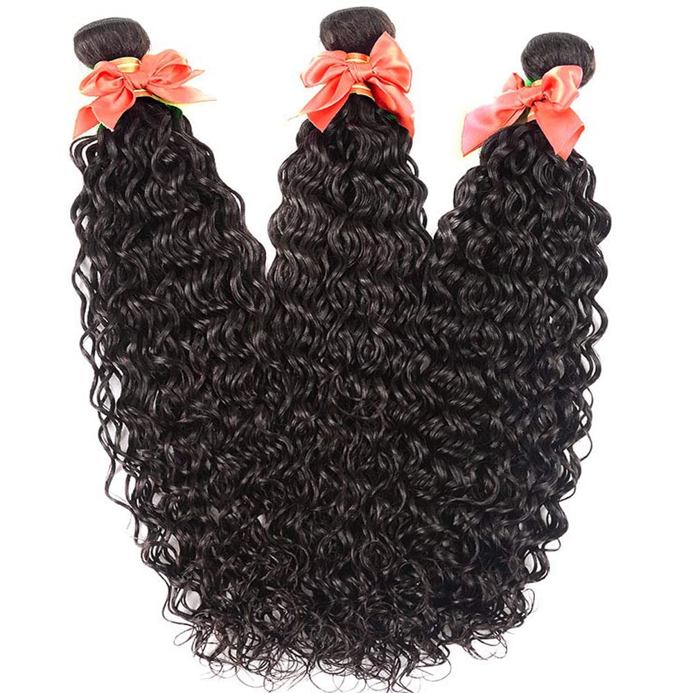 Brazilian Hair Water Wave 3 Bundles with Closure Wet and Wavy Human Hair Bundles Ocean Wave Human Hair Weave Extensions Human Hair Bundles Brazilian Water Curly Hair (16 18 20 +14)