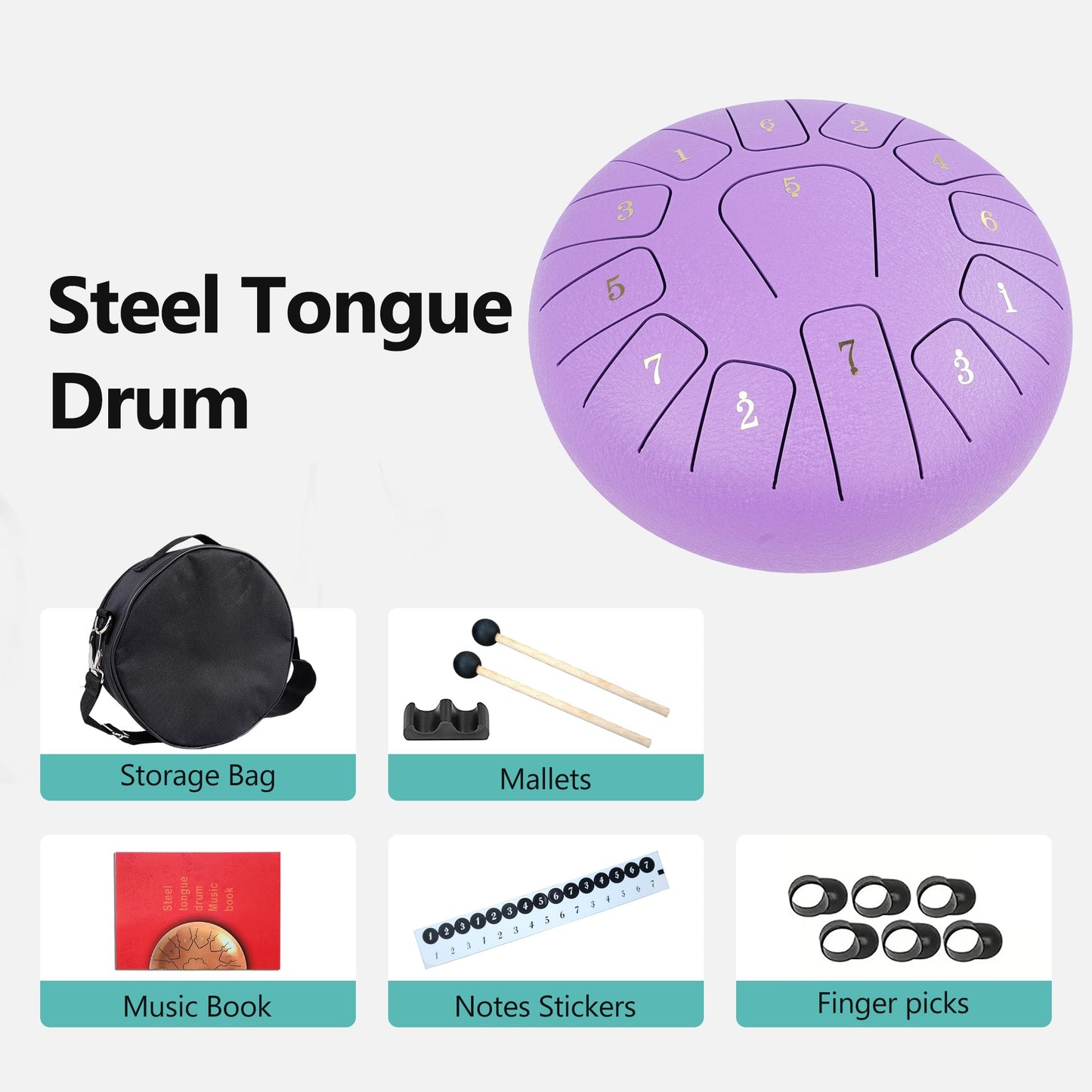 10 Inch 13 Notes Steel Tongue Drum, Pre-Tuned Rain Drum Handpan Drum with Mallets, Music Book, Storage Bag & Finger Picks, Percussion Instrument for Meditation, Relaxation & Gift (Purple)