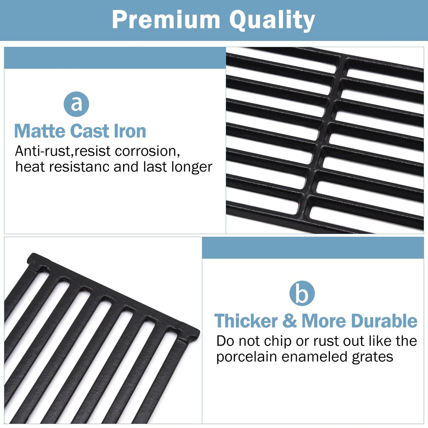 Criditpid BBQ Grill Grate for Broil King Baron 440 320 340 420 S420 S320 Grill Models. 17-3/8" Heavy Duty Matte Cast Iron Cooking Grates for Broil-Mate, Huntington Grill. (4 Pack)