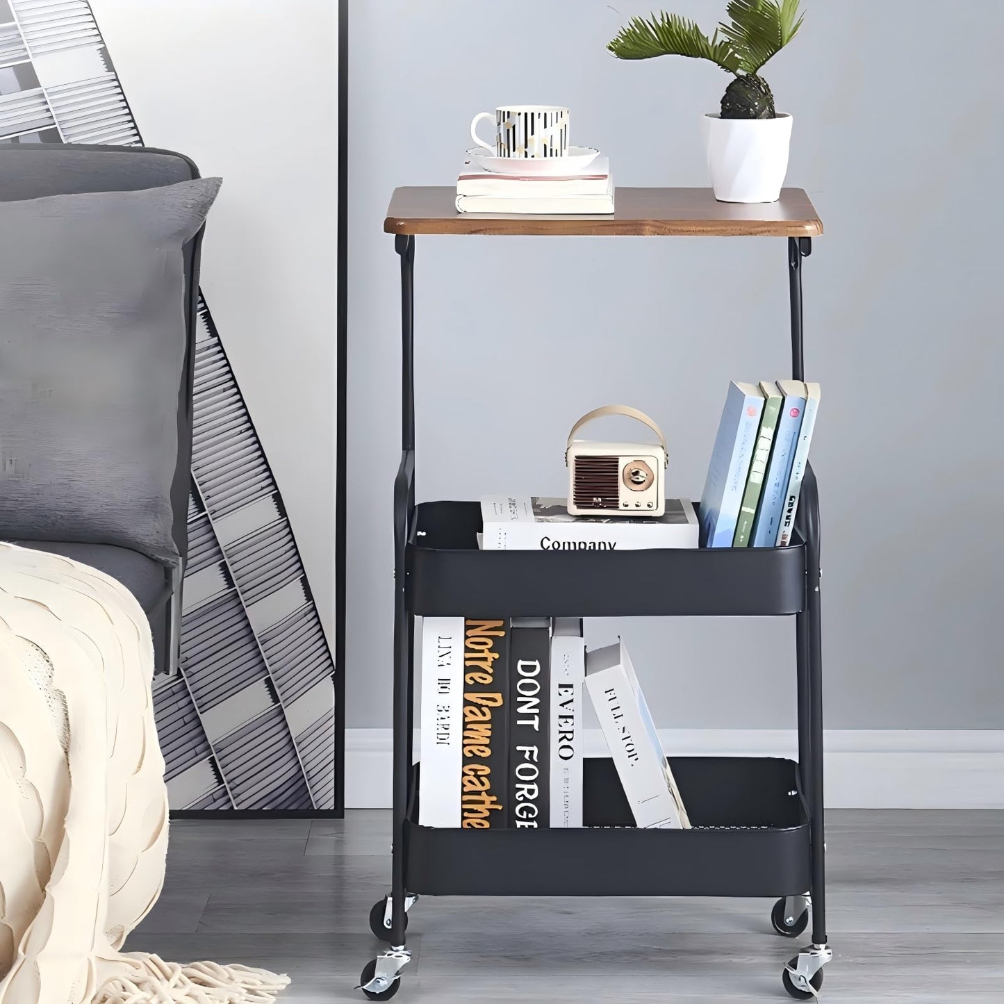 3 Tier Side Table Small End Table Metal Rolling Utility Cart with Storage Shelf, Sofa Table Snack Tray Beside Couch Console Tall Night Stand for Living Room, Bedroom, Kitchen, Office, Bathroom (Black)