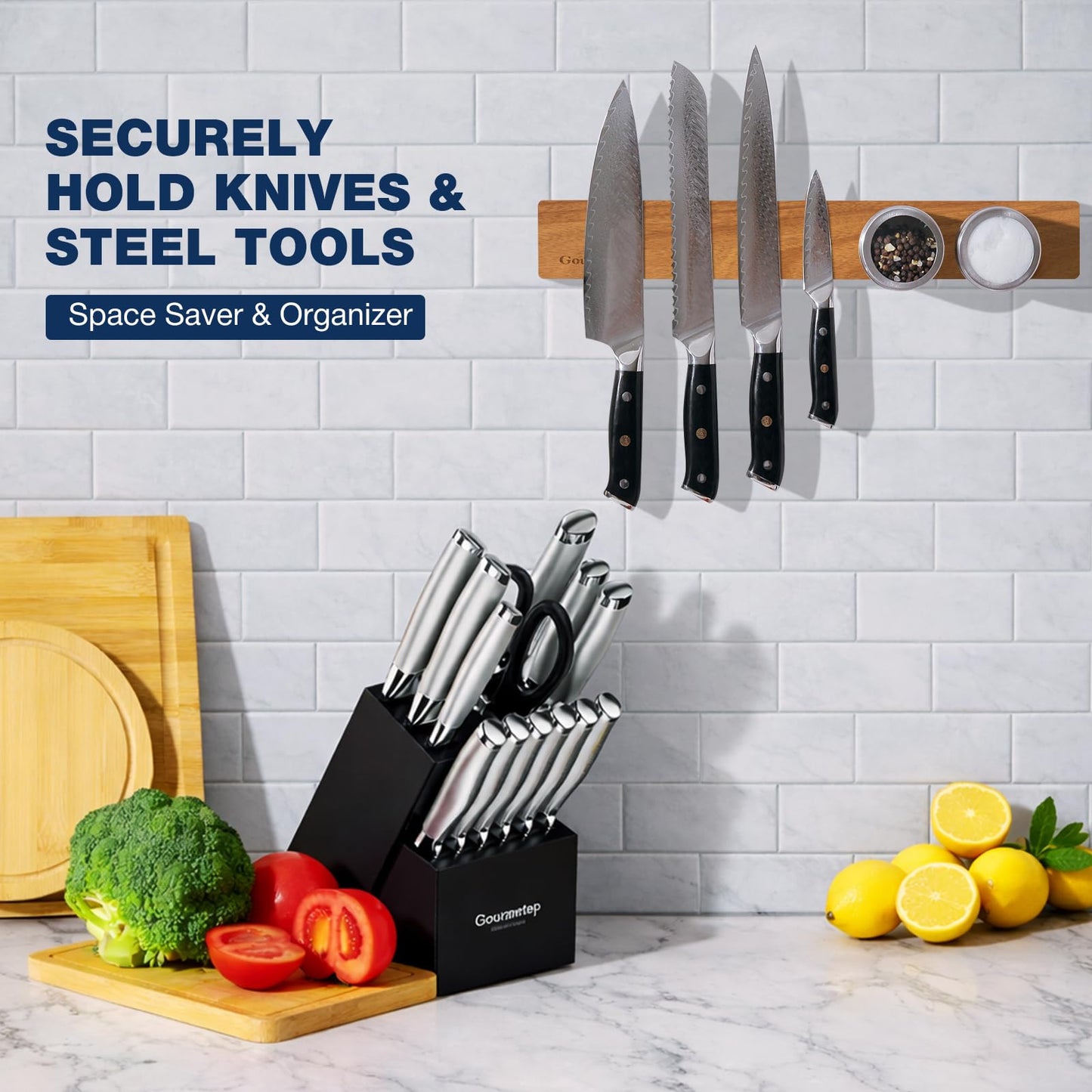 Gourmetop Magnetic Knife Holder for Wall, 16" Acacia Wood Magnetic Knife Strip, Strong Knife Magnet Wall Mount, No Drill Adhesive Tape or Screw Mount, Kitchen Organizer