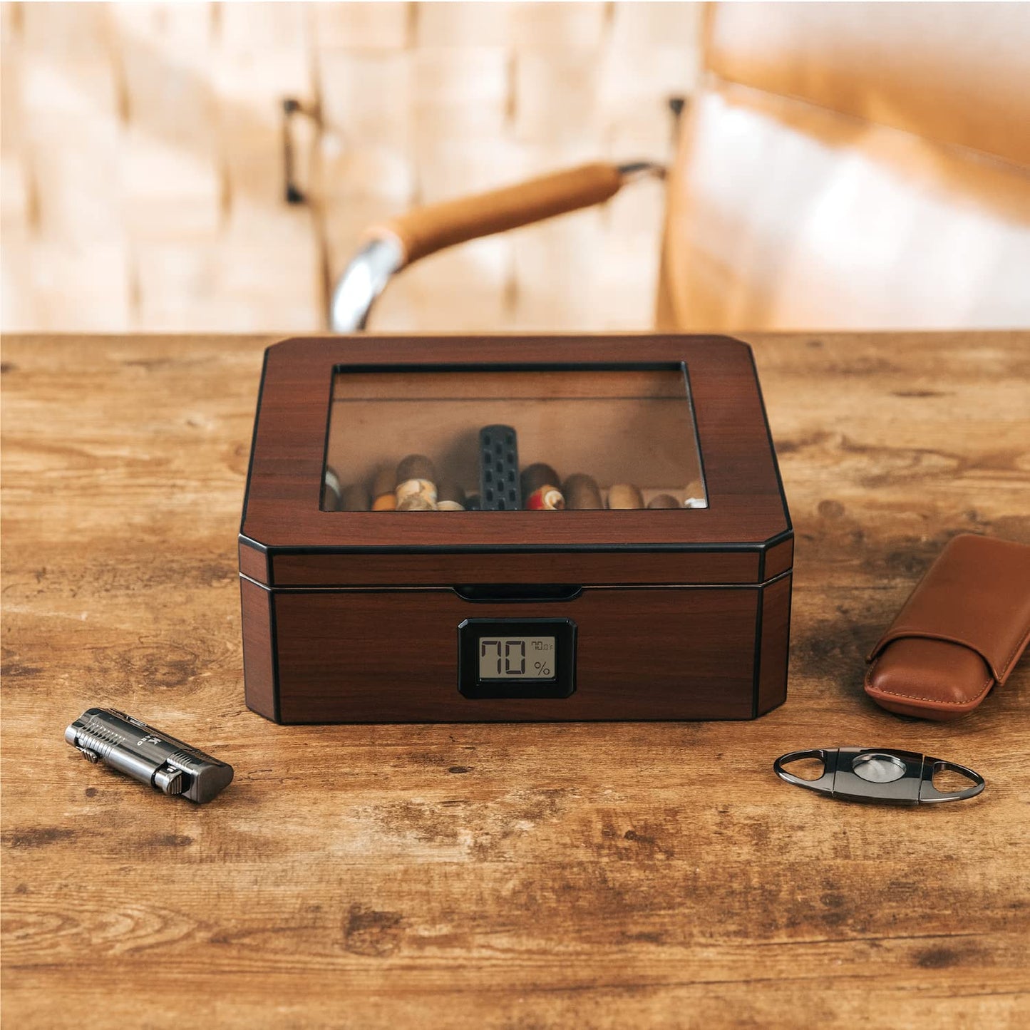 MAG Desktop Humidor, Walnut Finish, Holds 20-30 Cigars, Glass Top with Magnetic Seal, Octagon Shape, Digital Hygrometer, Spanish Cedar, New Hydro Channel, Includes Humidor Solution