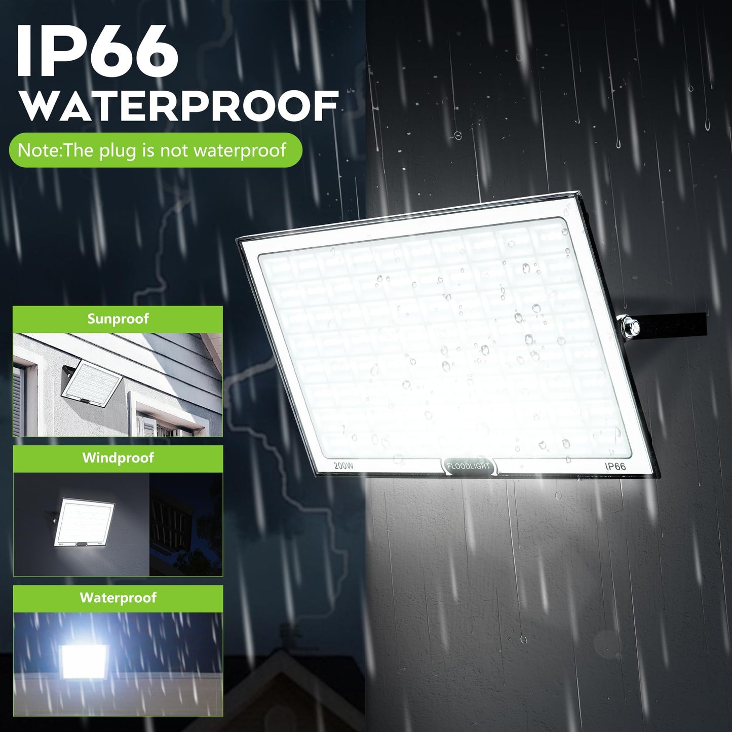 VAYALT 200W Led Flood Light Outdoor, 2 Pack 20000LM Bright Floodlight Outside Work Light with Plug, 6500-7000K Daylight Exterior Flood Light, for Garage, Yard, Parking Lot, Chicken Coop (IP66)