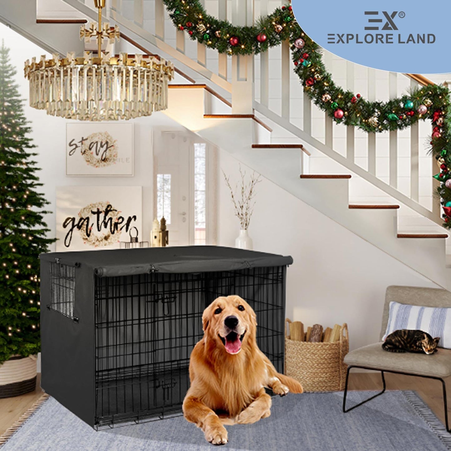 Explore Land 42 inches Dog Crate Cover - Durable Polyester Pet Kennel Cover Universal Fit for Wire Dog Crate 1(Black)