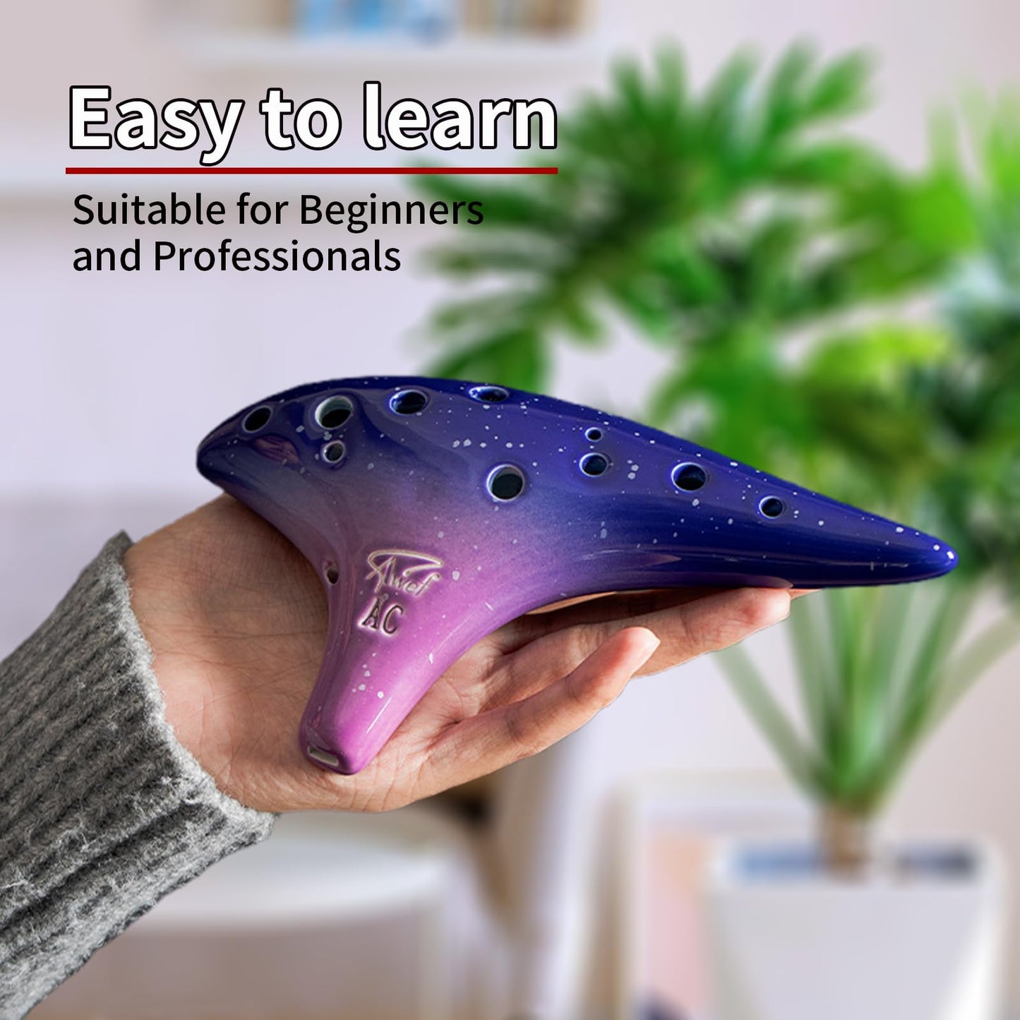 “Ocean Notes” 12 Hole Sweet Potato Ocarina Graceful Shape Pottery Ocarina in Alto C (Starry Purple)
