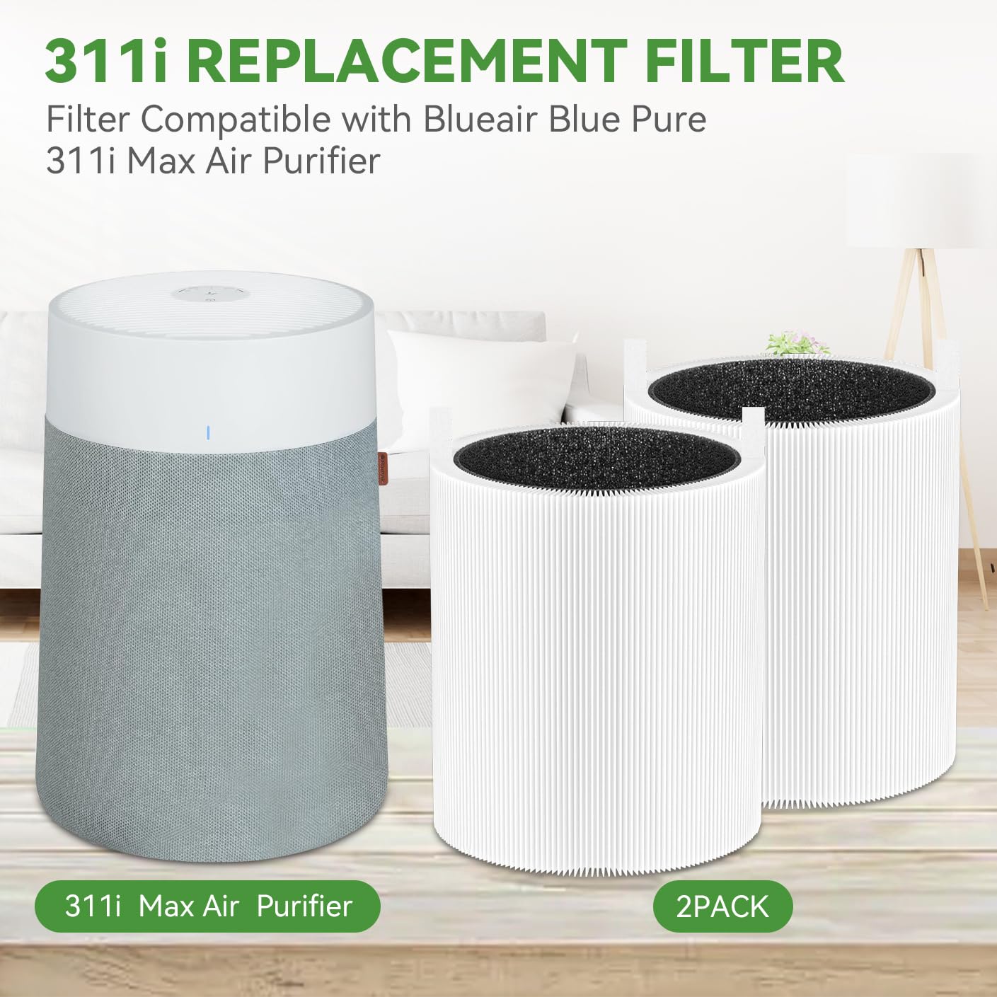 311i Max True HEPA Filter Replacement Compatible with Blueair Blue Pure 311i Max Air Purifier: 2-in-1 HEPA Filter with Activated Carbon Filter (2Packs)