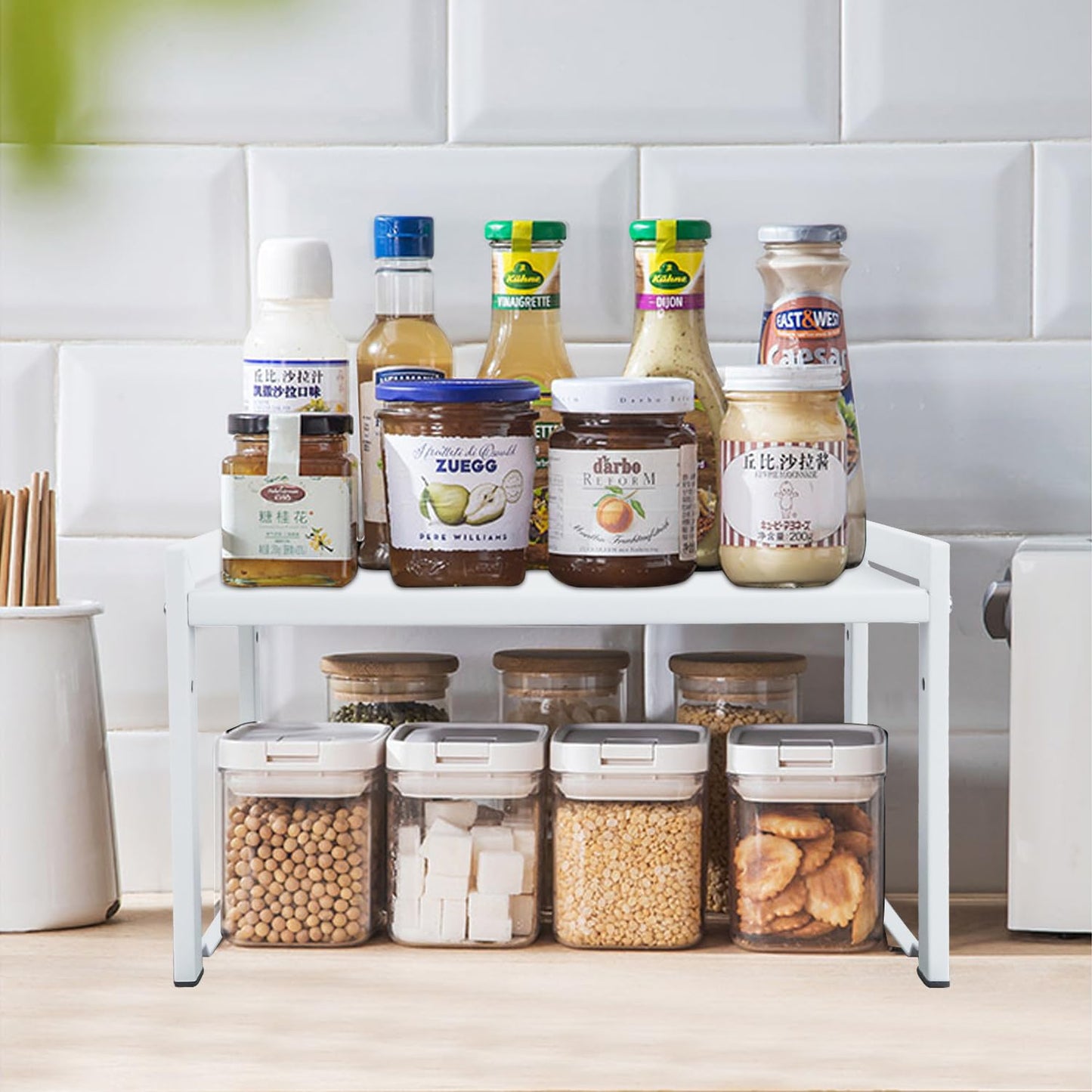 Expandable Cabinet Shelf13.8-26"(L), Stackable Kitchen Counter Shelf Organizer, Kitchen Spice Rack Pantry Shelf, Djustable Cupboard Organizer Storage Rack for Kitchen Office (White,1 pack M)