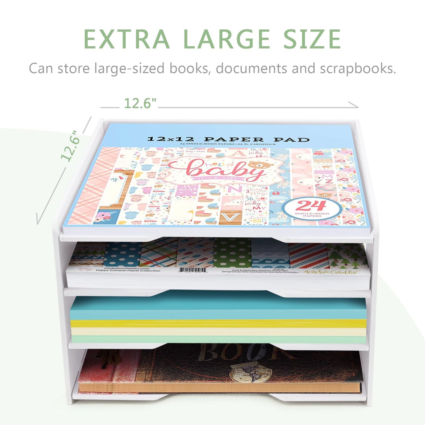 SONGWAY Scrapbook Paper Organizer 12x12-4 Tier File Organizer for Desk, 12x12 Stackable Scrapbook Paper Storage Trays, Desktop File Storage Cube for Home Office School