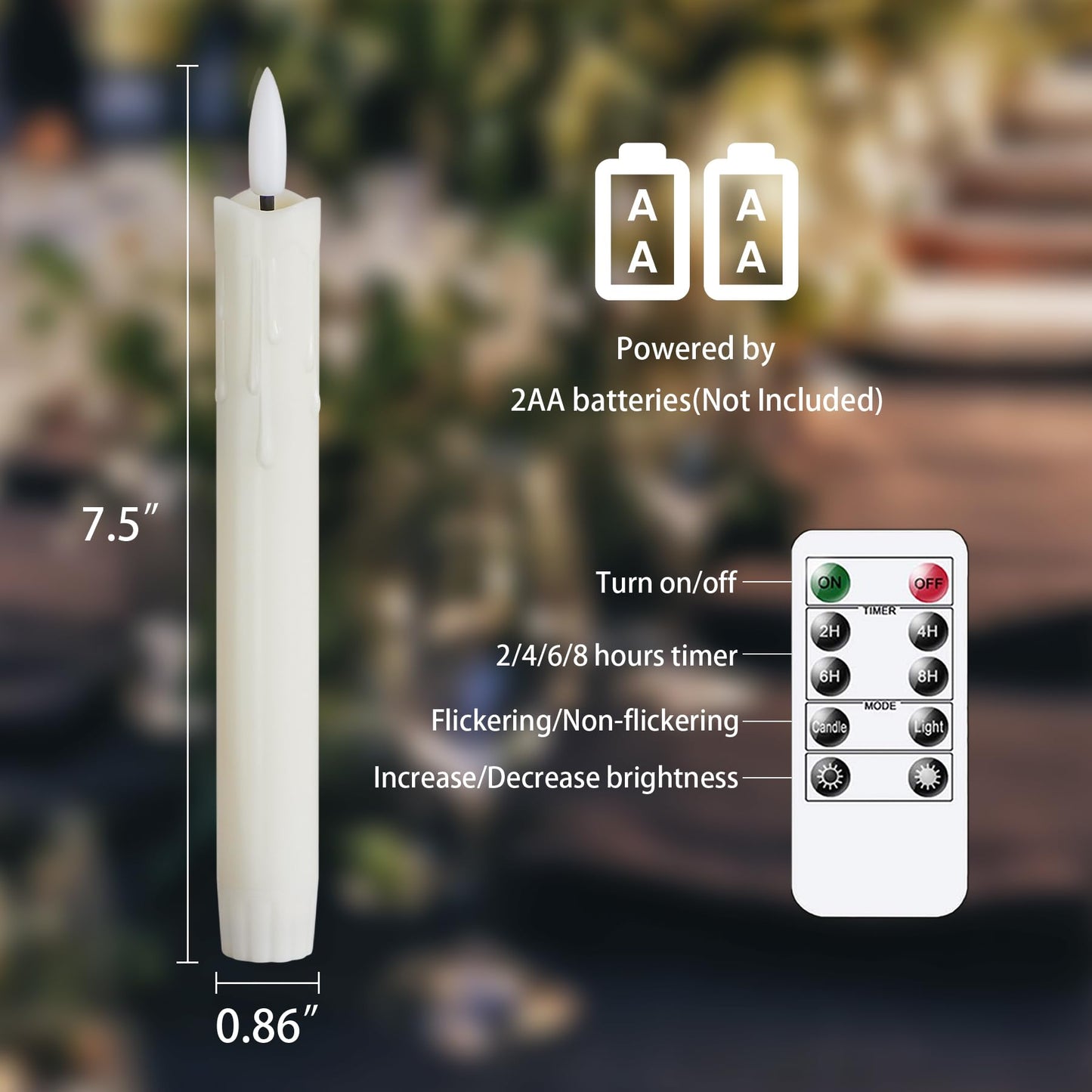 Mavandes Flameless Flickering Taper Candles Two Remote, 7.5 Inch Ivory Battery Operated LED Window Candles Timer,Set of 8 Plastic Dripping-Wax Effect Flameless Candlesticks(0.86” Dia,Warm Fire)