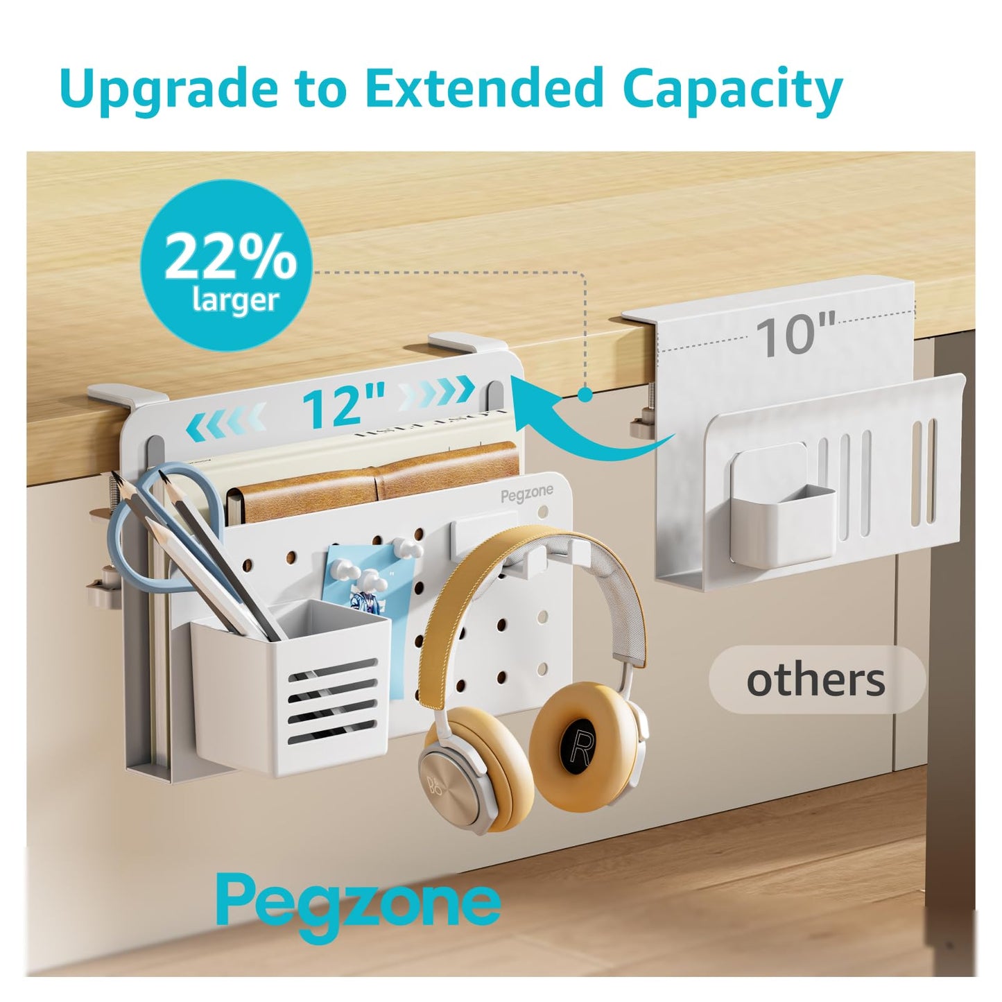 PEGZONE Desk Side Storage Organizer, No Drill Under Desk Laptop Holder, Clamp on Desks Shelf with Pegboard Accessories, Hanging Laptop Mount, Fits Flat Edge 0.4" to 2.2", White