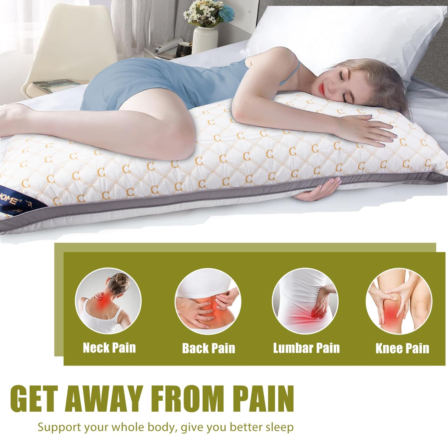 Chilling Home Full Body Pillows for Adults with Washable Removable Pillowcase, Quilted Long Bed Pillows for Sleeping, Large Pillow for Pregnancy Women and Side Sleepers