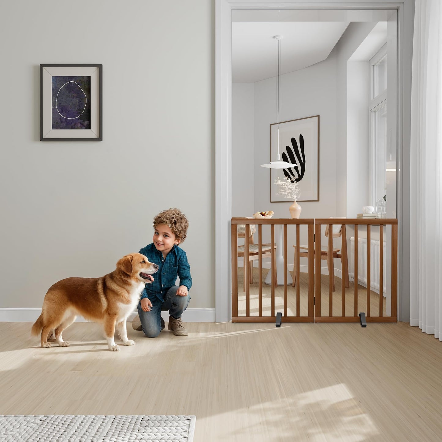 Freestanding Pet Gate with 2 Stands, Bamboo Dog Gates for Doorways, Dog Gates for The House, Puppy Gate for Stairs, Foldable Indoor Gate Safety Fence, 60cm Height-2 Panels Fully Assembled-Walnut