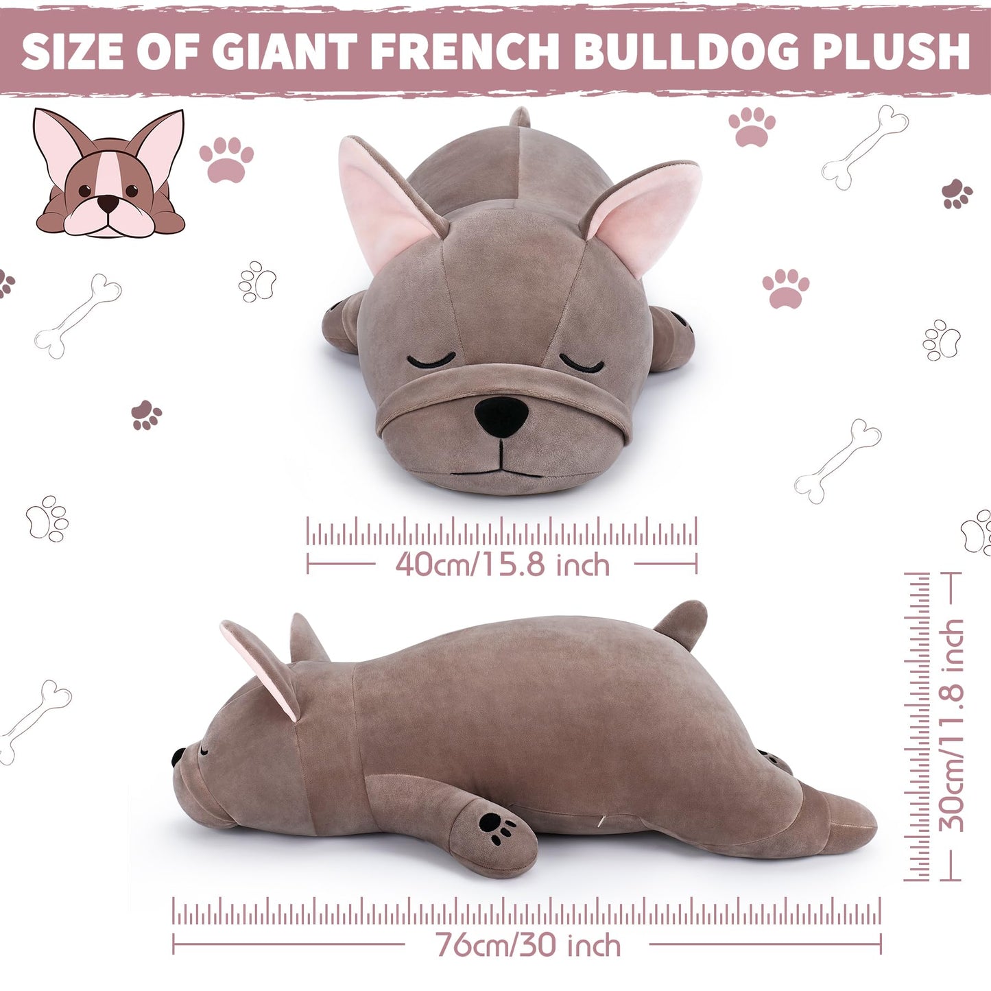 Auspicious Beginning 30'' Giant French Bulldog Plush Stuffed Animal - Large Sleeping Dog Plush Pillow, Plushie Toy for Birthday Gifts, Kids, Girls, Boys