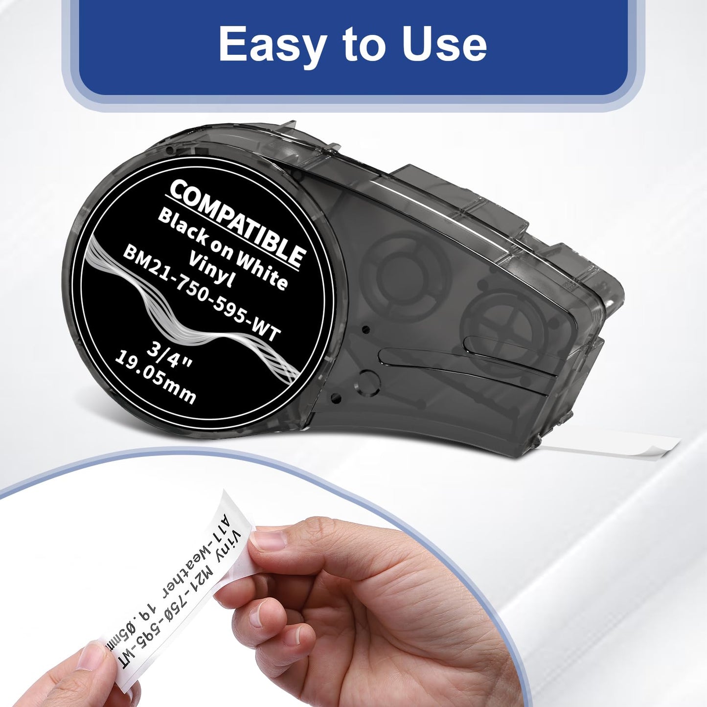 Compatible M21-750-595-WT All-Weather Vinyl Label Tape 3/4 Inch, for M210, M210LAB, M211, BMP21-PLUS, BMP21-LAB, Indoor/Outdoor, Lab and Equipment Labeling, 75" W 21' L, Black on White, 3-Pack