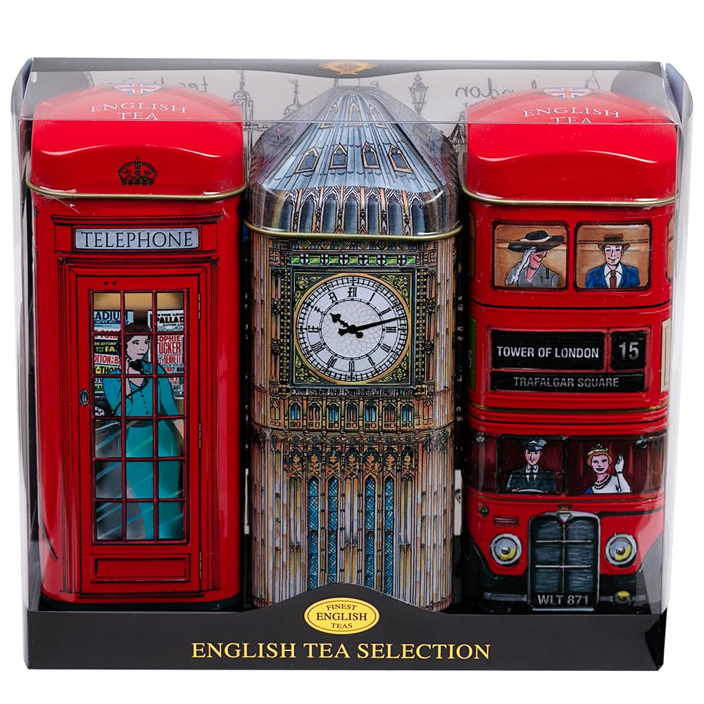 New English Teas British Souvenir 3x Tea Tins with 42 English Breakfast Teabags - Telephone Box, Big Ben & Red Routemaster Bus