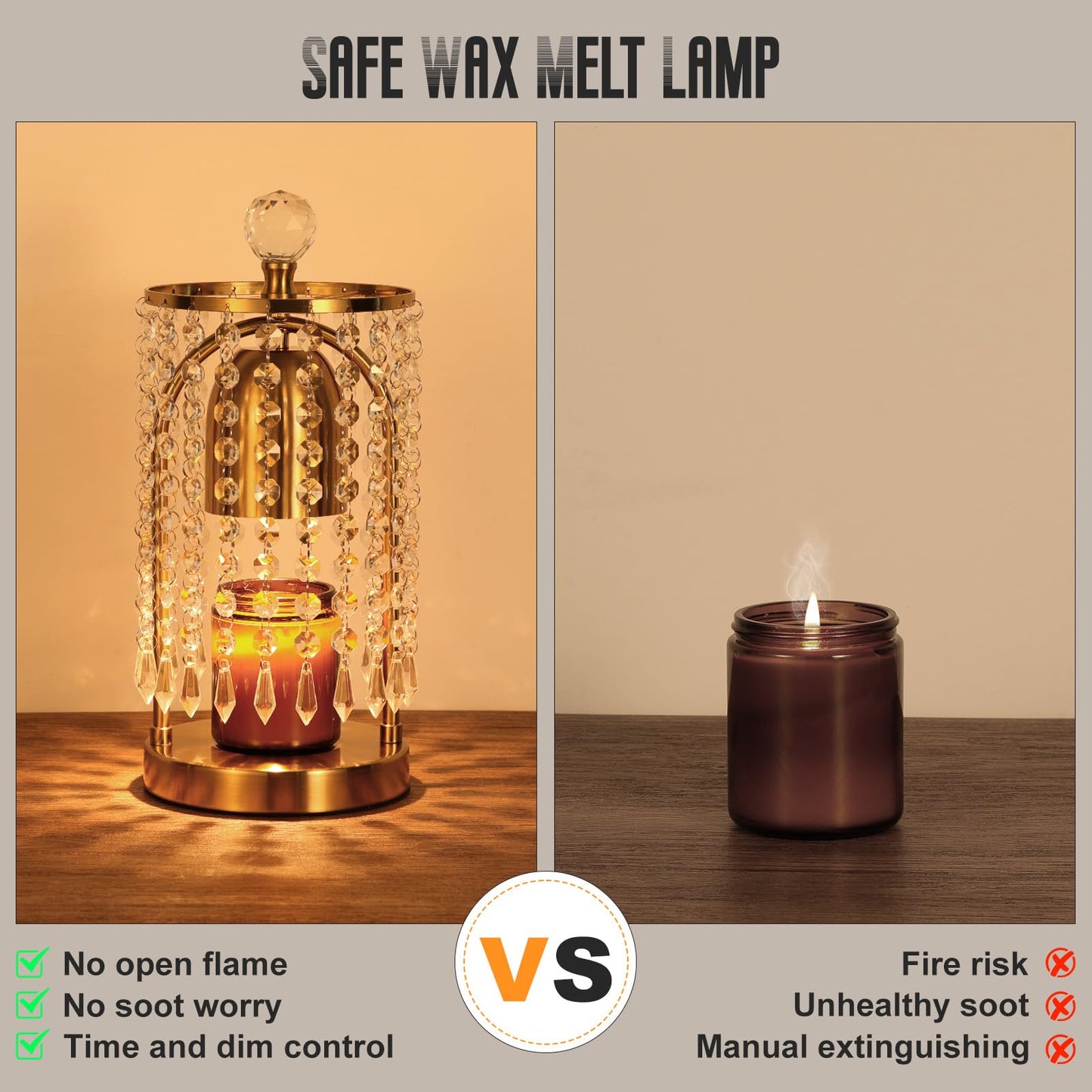Lewondr Candle Warmer Lamp with Timer & Dimmable, Candles Warmer Lamp Crystal Wax Melt Tool with 2 Bulbs, Electric Candle Melter Decor for Bedroom Home, Gold