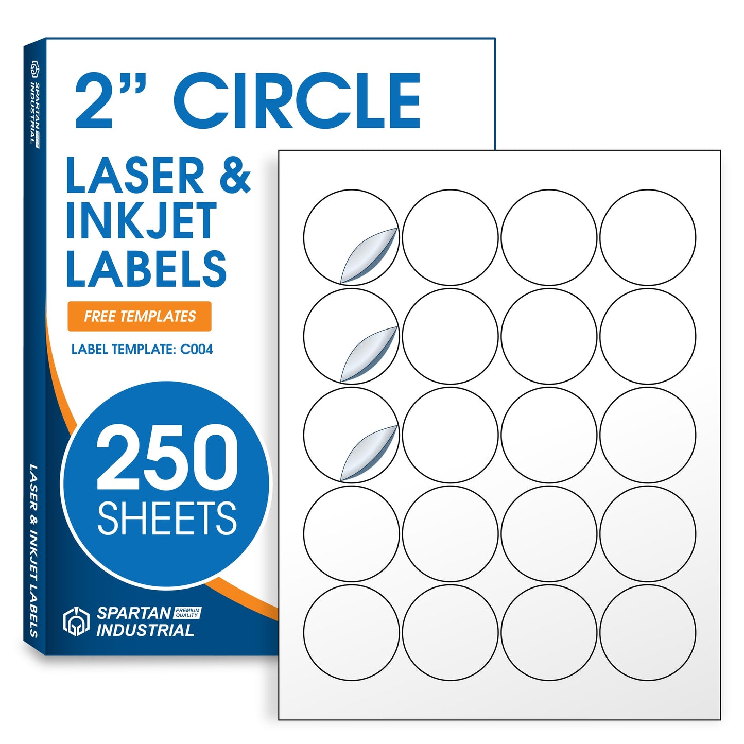 2" Circle Printable Labels Compatible with Inkjet and Laser Printers - 250 Sheets, 5000 Matte White Round Stickers for Product Labeling, Packaging, Organization - Spartan Industrial Template C004