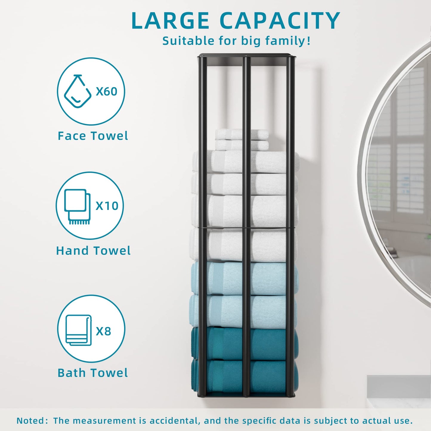 Susswiff 78cm Wall Mounted Towel Racks, Sturdy 2 Metal Towel Shelves and 3 Vertical Bars, Can Holds 6 Large Rolled Towels - Rolled Towel Holder(Matte Black)