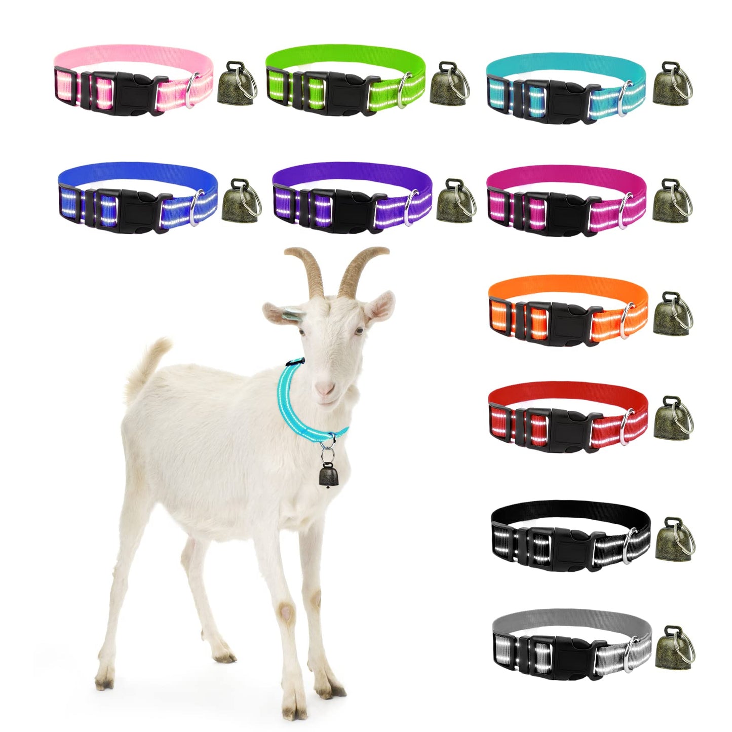 10 Pack Reflective Goat Collar with Crisp Bells,Adjustable Nylon Sheep Collar with Anti-Lost Grazing Copper Bell Quick-Release Buckle for Farm Livestock Goat Sheep Cow