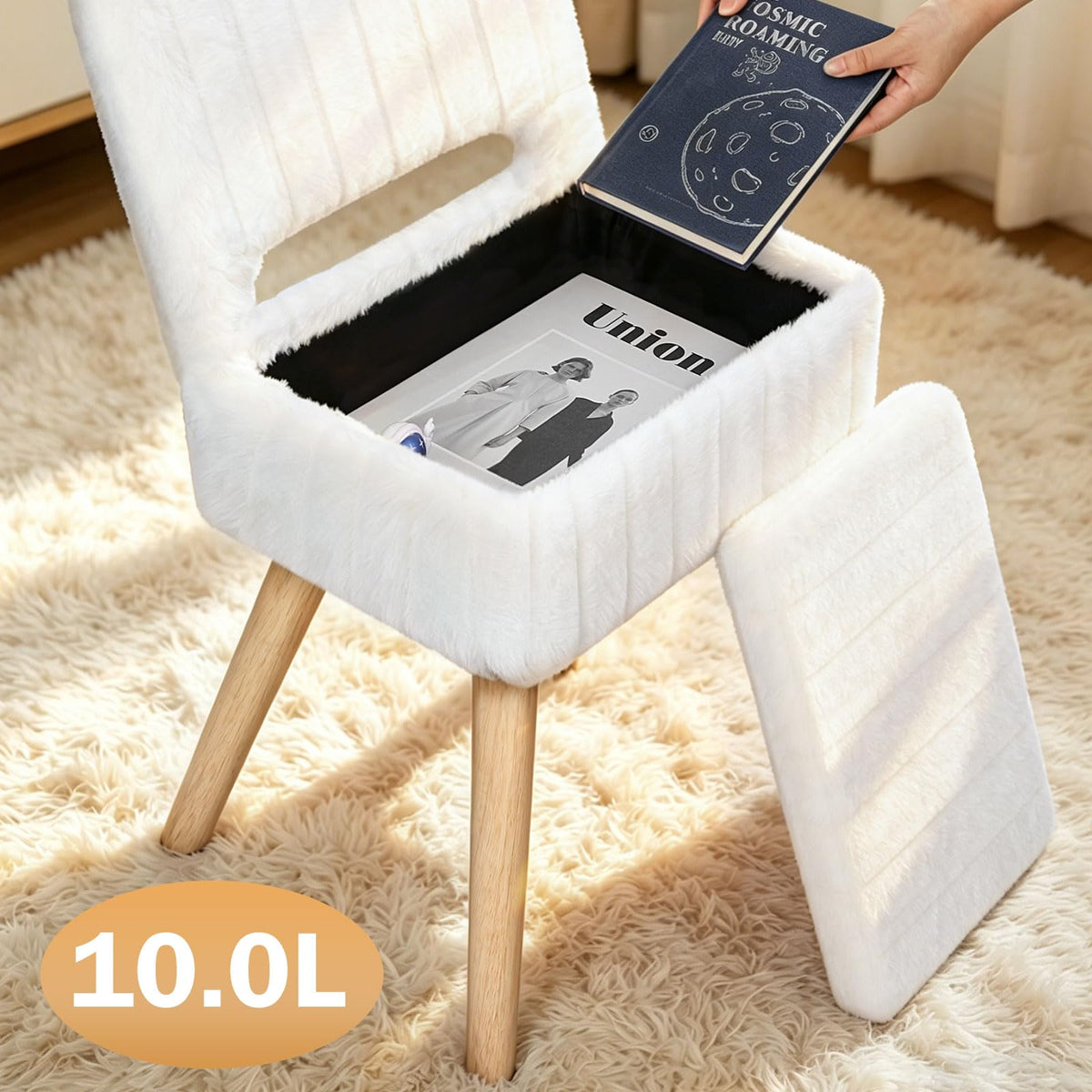 KANEODOT Vanity Stool with Folding Backrest & Storage,Faux Rabbit Fur Small Makeup Chair with 4 Solid Wood Legs,11.4" D x 14.9" W x 28.7" H,Soft Ottoman for Living Room,Bedroom,Closet,White