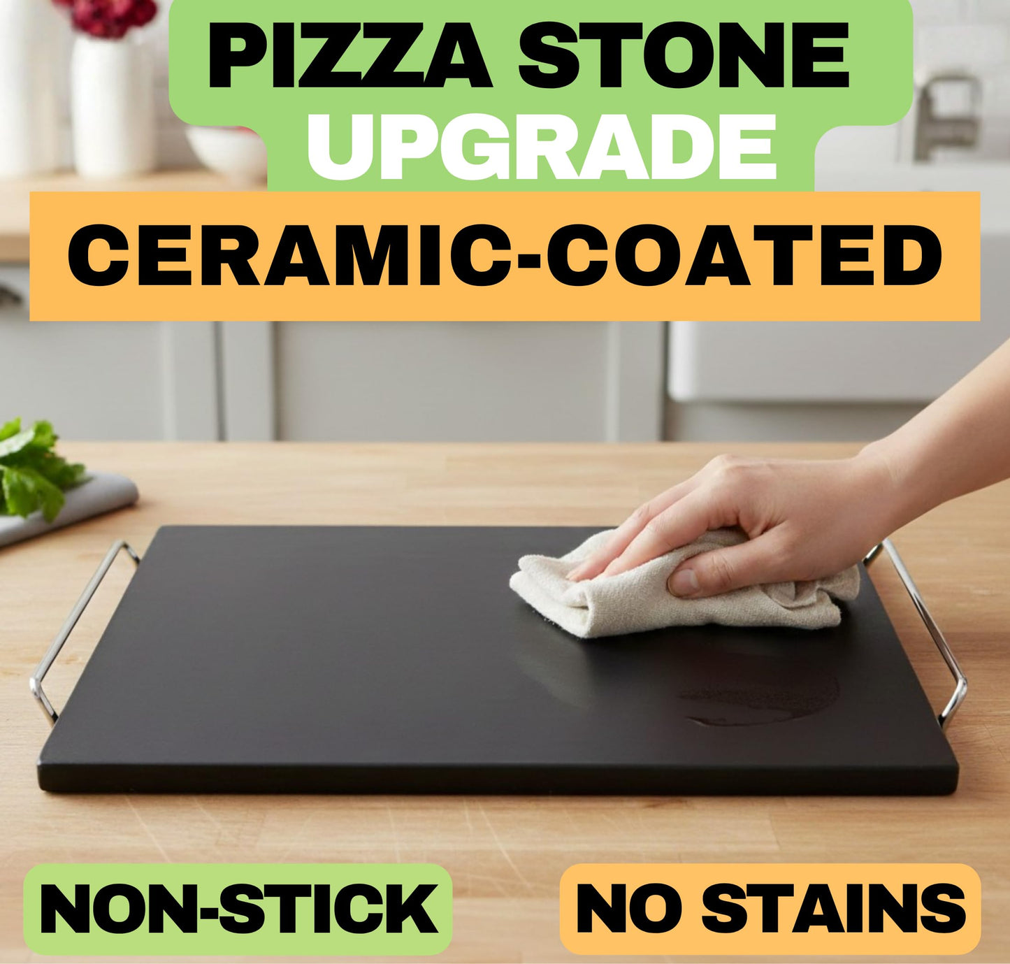 Non-Stick Easy Clean Pizza Stone - 15 inch Pizza Stones for Oven and BBQ - 5PCS Pizza Making Accessories, Ceramic Grill Stone with Handles, Wooden Pizza Peel, Pizza Cutter, Dough Tool - Pierre a Pizza