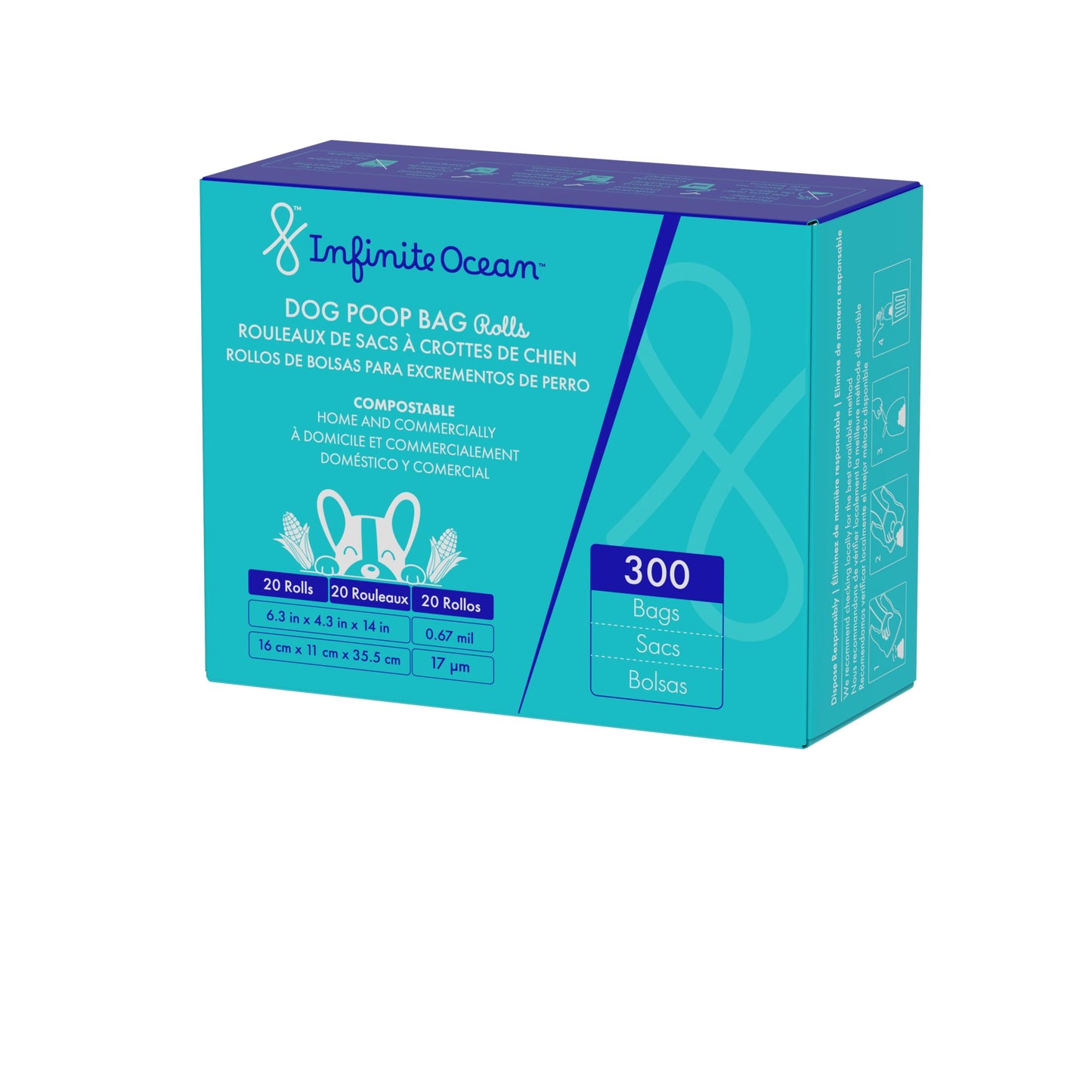 Certified Home Compostable Dog Poop Bag Rolls, 300 Count Tie-Handle & Gusseted Leak-Proof, Odor-Proof, Thick Blue Refill Rolls, Unscented
