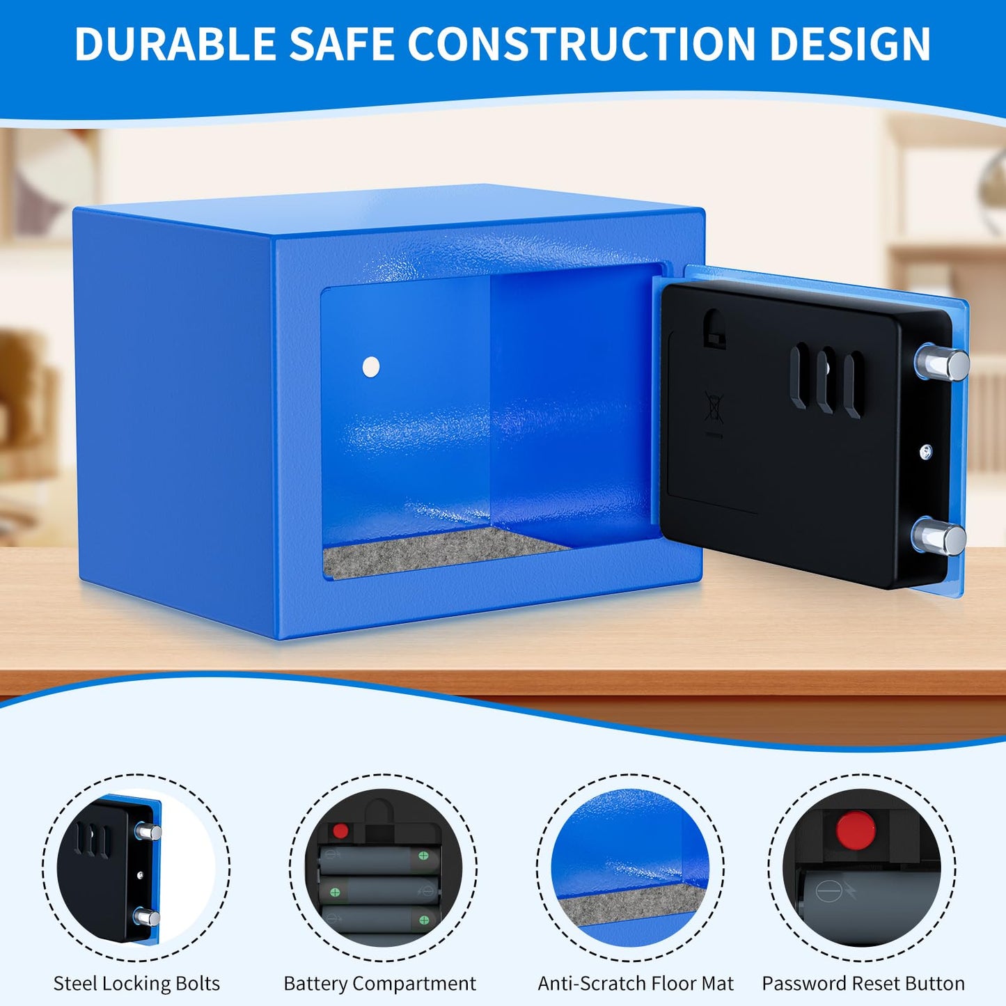KABISAFE Safe with Digital Security Keypad and Key, 0.5 Cubic Feet Mini Safe, Kid Safe Box, Personal Safe for Home Office Hotel Storage valuables(Blue)
